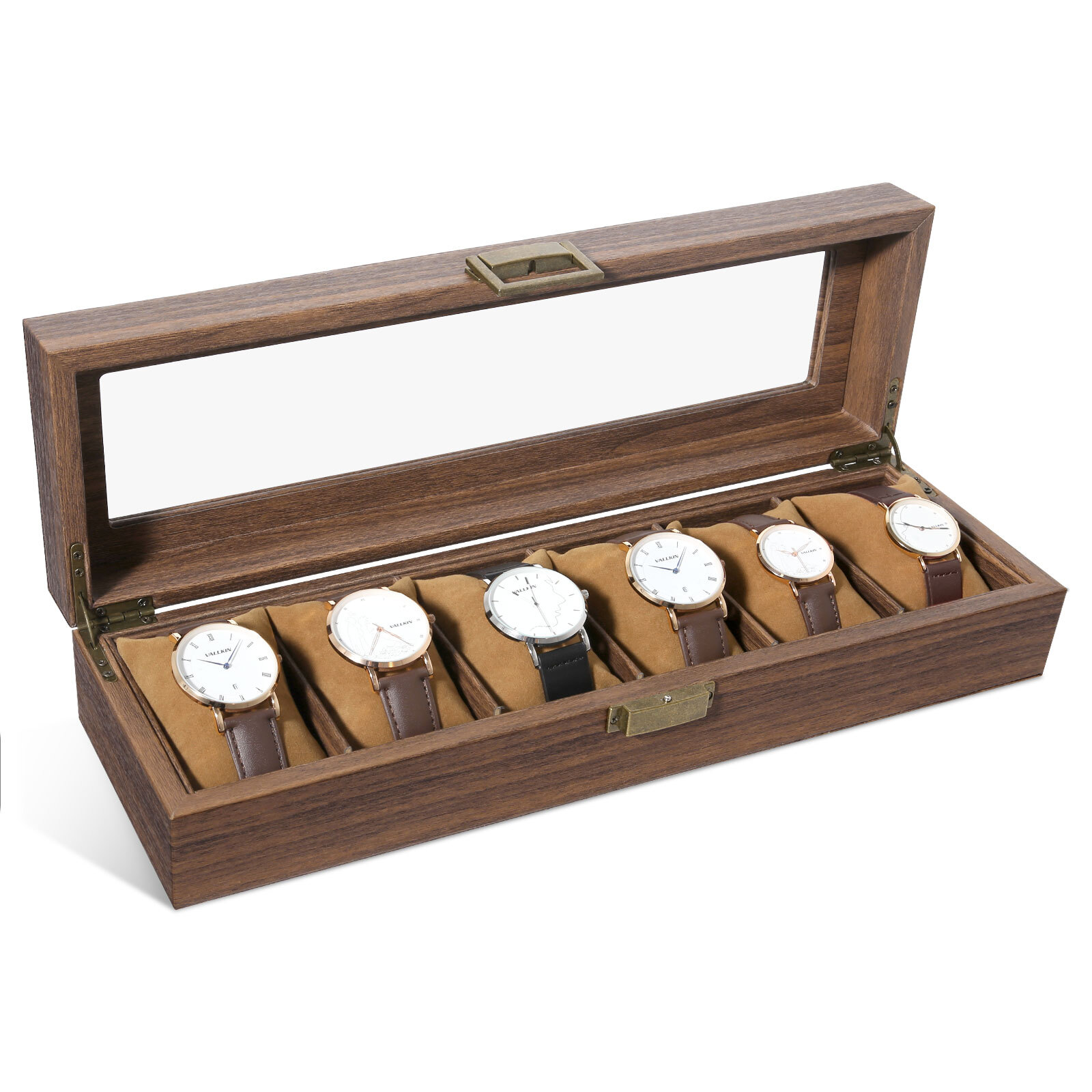 6 Slots Watch Box Wooden Watch Case Organizer Glass Lid Jewelry Display Case New