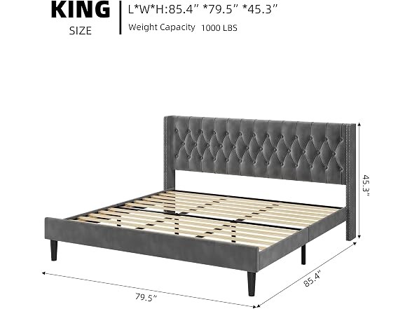 GAOMON King Bed Frame, Tufted Wingback, Gray Grey Modern