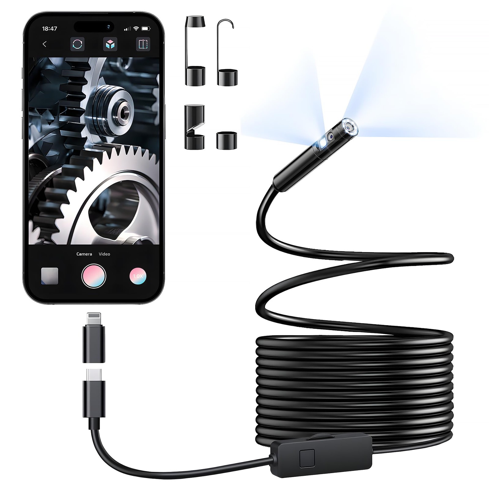 Dual-Lens Endoscope Camera with Light, 1920P HD Borescope with 8+1 Adjustable
