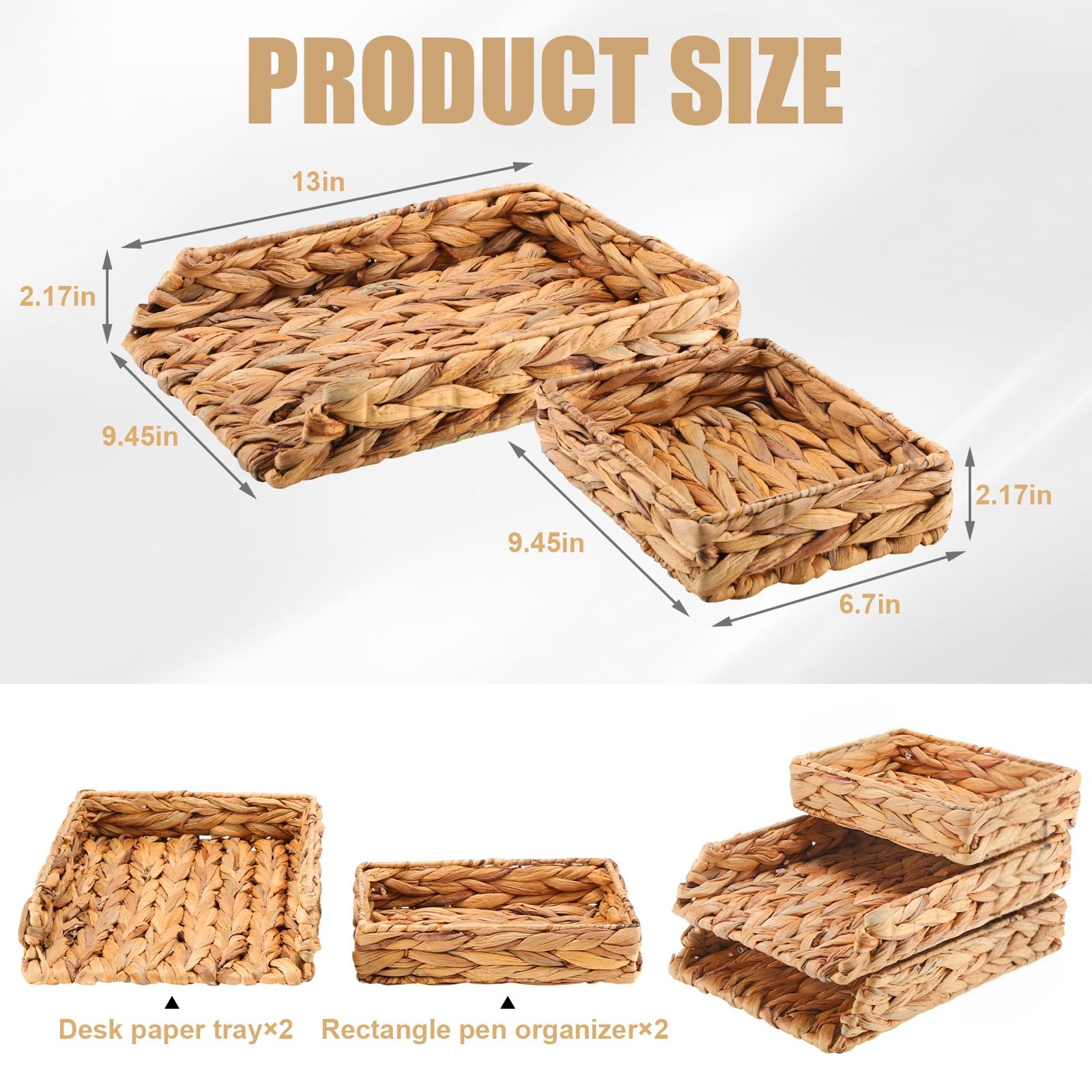 3 Pack Water Hyacinth Woven Stackable Desk Organizer Letter Tray, Primary Col...