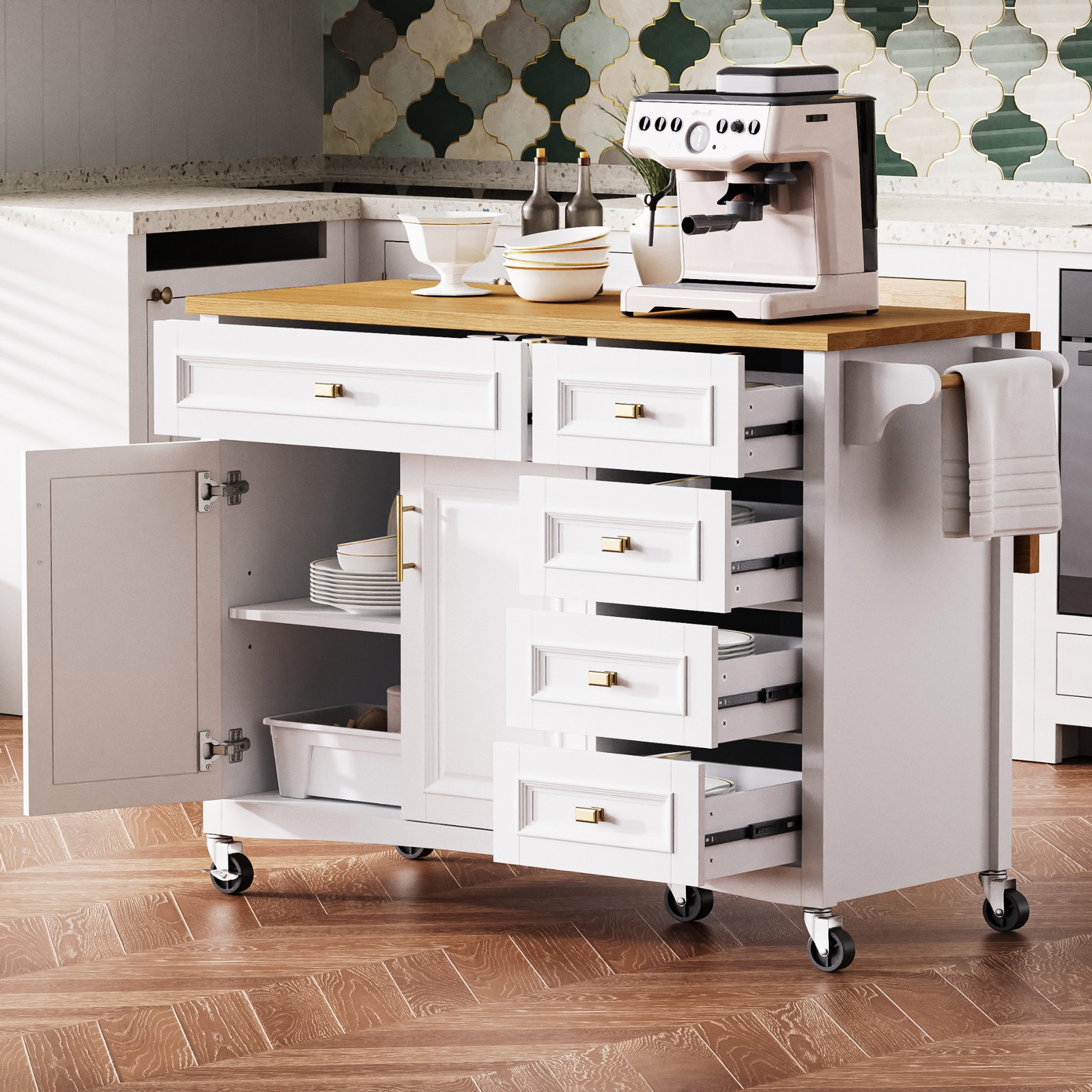 K&K 52'' Kitchen Island with Drop Leaf, Embossed Texture Kitchen Island on Whe
