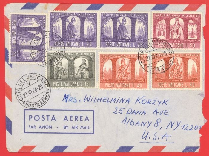 Vatican Italy 7 stamp used on cover to USA 1966
