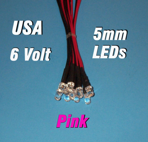 10 x LED - 5mm PRE WIRED LEDS 6 VOLT PINK 6V  DC USA