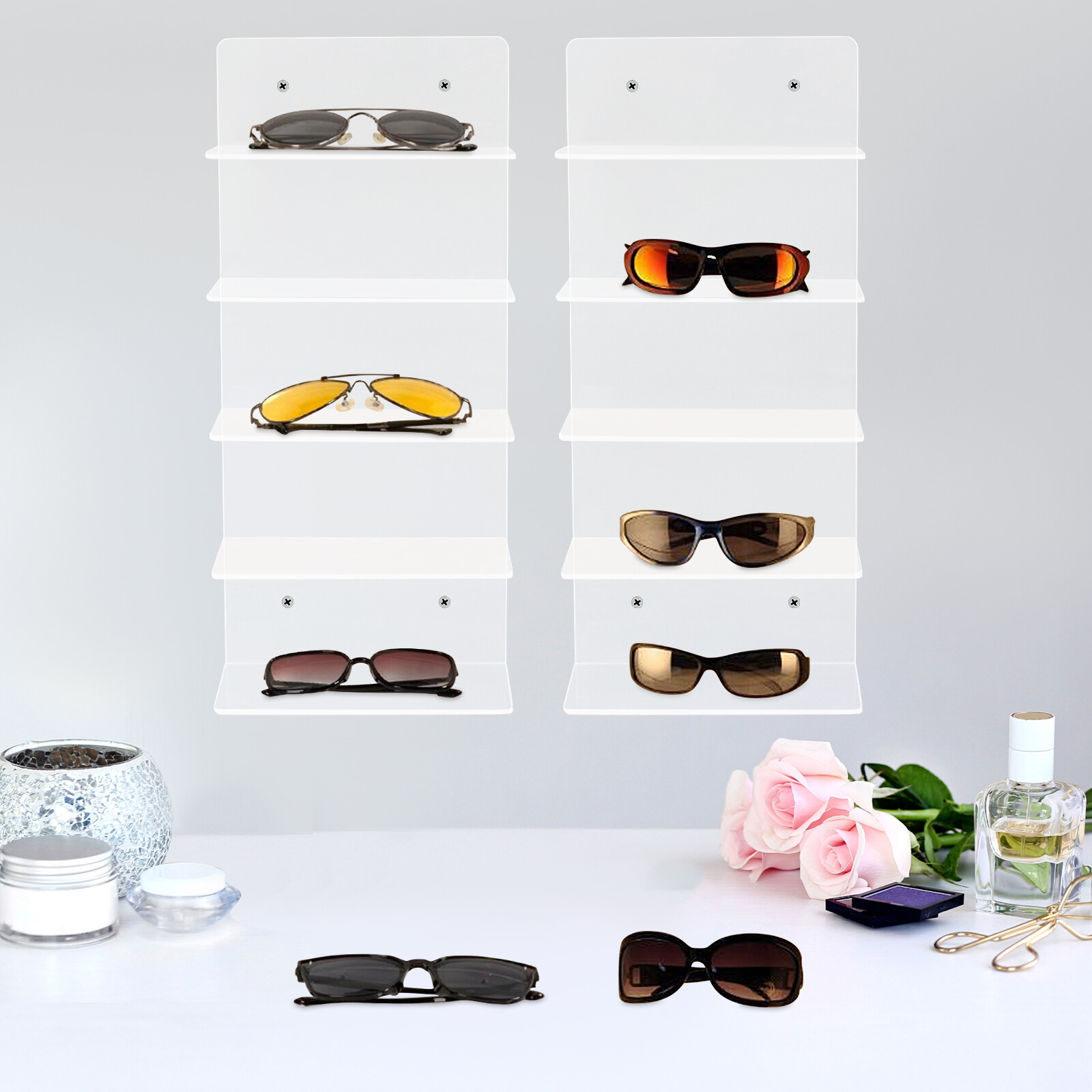 5 Tier Clear Acrylic Sunglasses Holder Rack Wall Mounted Eye Glasses Shelf