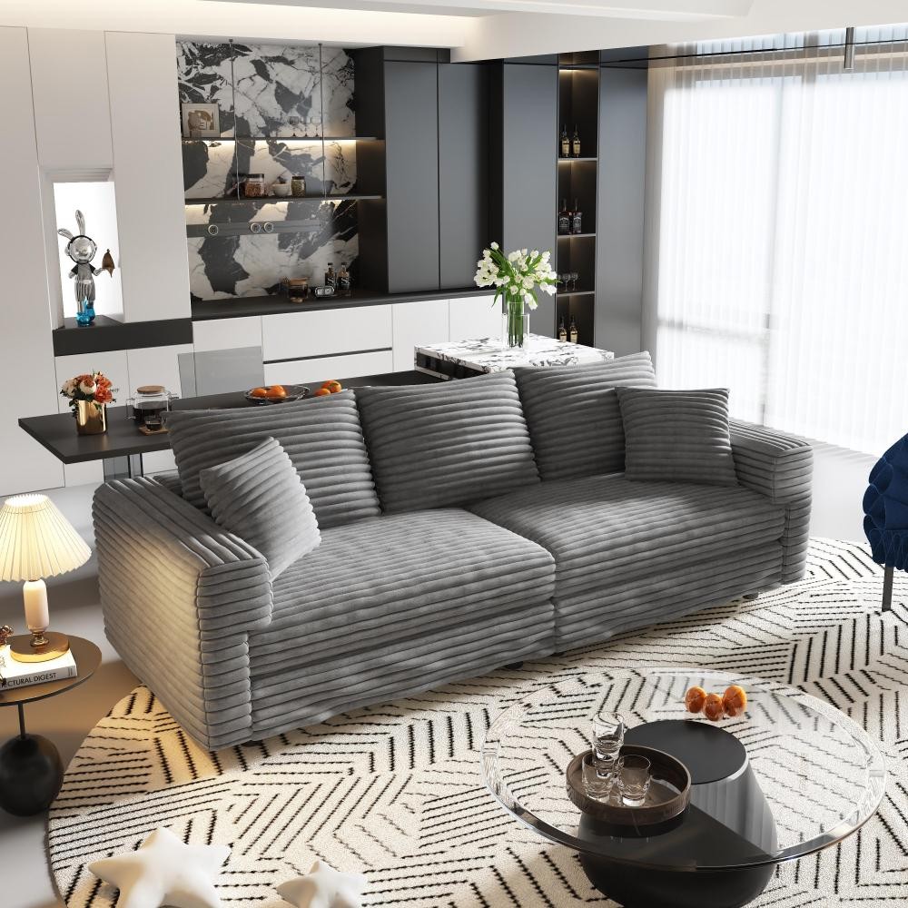 Modern Corduroy 3-Seat Cloud Sofa w/ Ottoman, Deep Seat Chair Grey