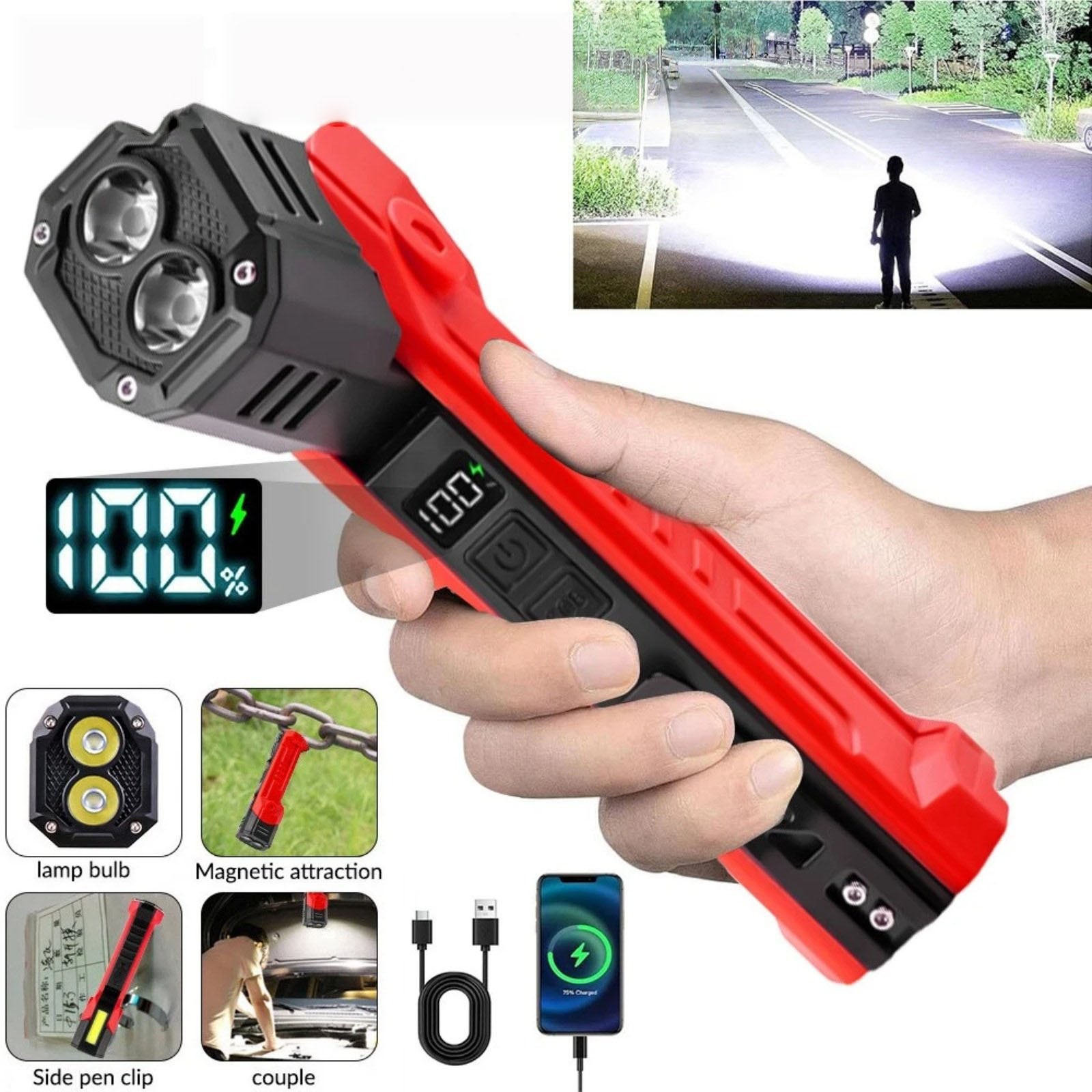 Rechargeable Magnetic LED Work Light 600LM Waterproof Flashlight Lamp Tool