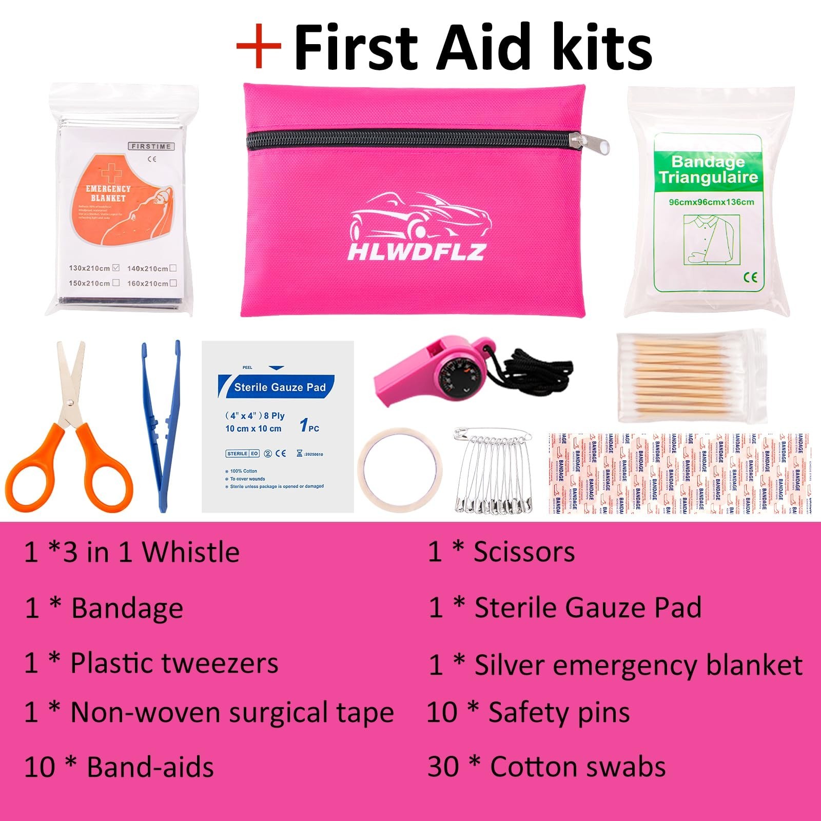 Pink Roadside Assistance Kit with Jumper Cable, Tow Rope, LED Road Flare, Dee...