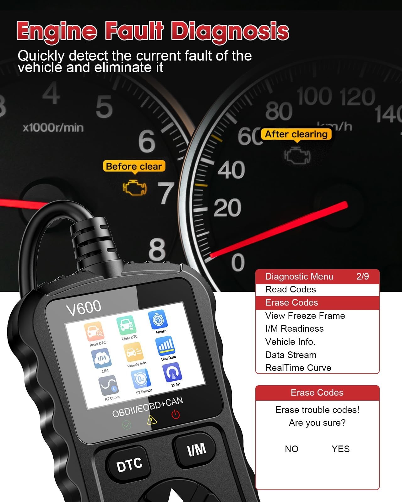 OBD2 Scanner Code Reader, Diagnostic Tool for Engine Error Codes, Voltage Test,