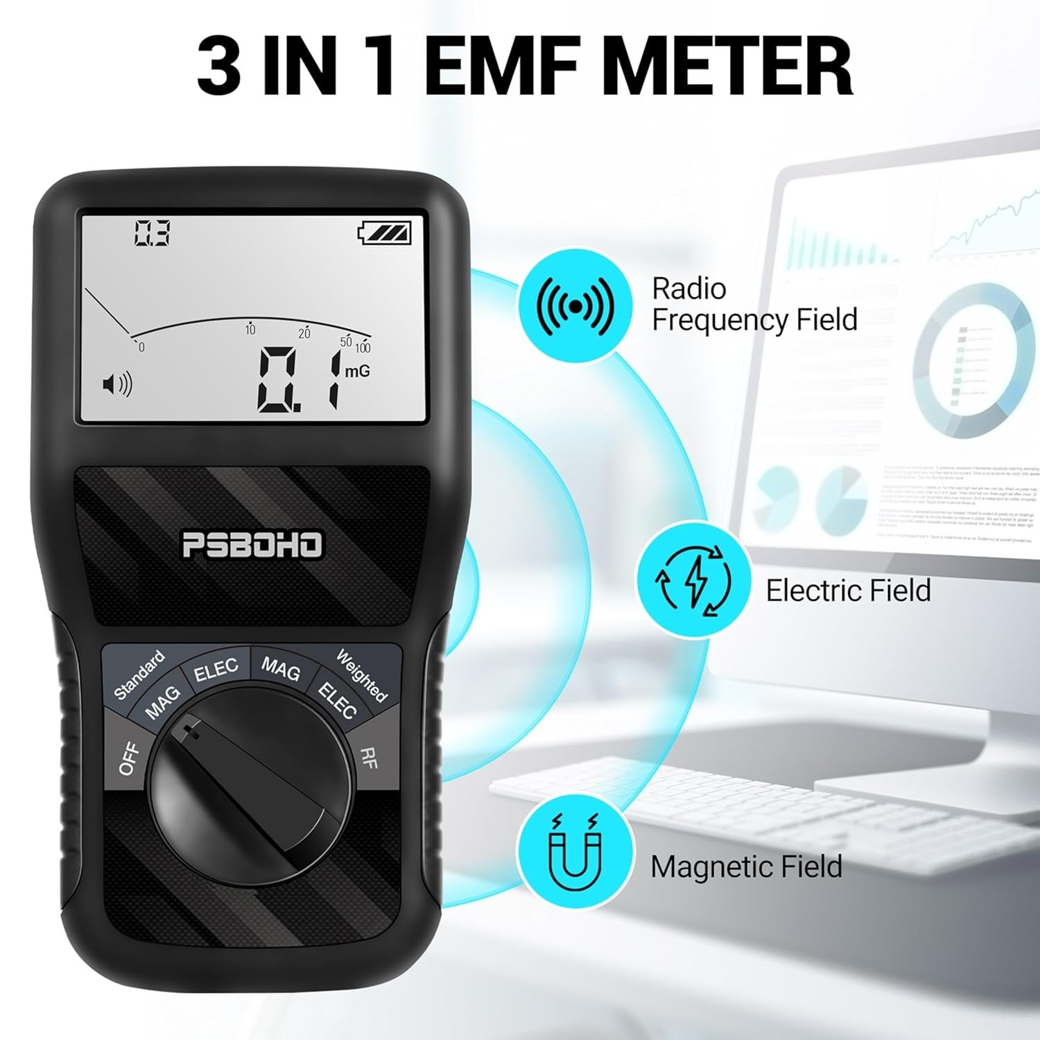 EMF Meter, 3-in-1 Multi-Field Electromagnetic Radiation Detector for EF RF MF...