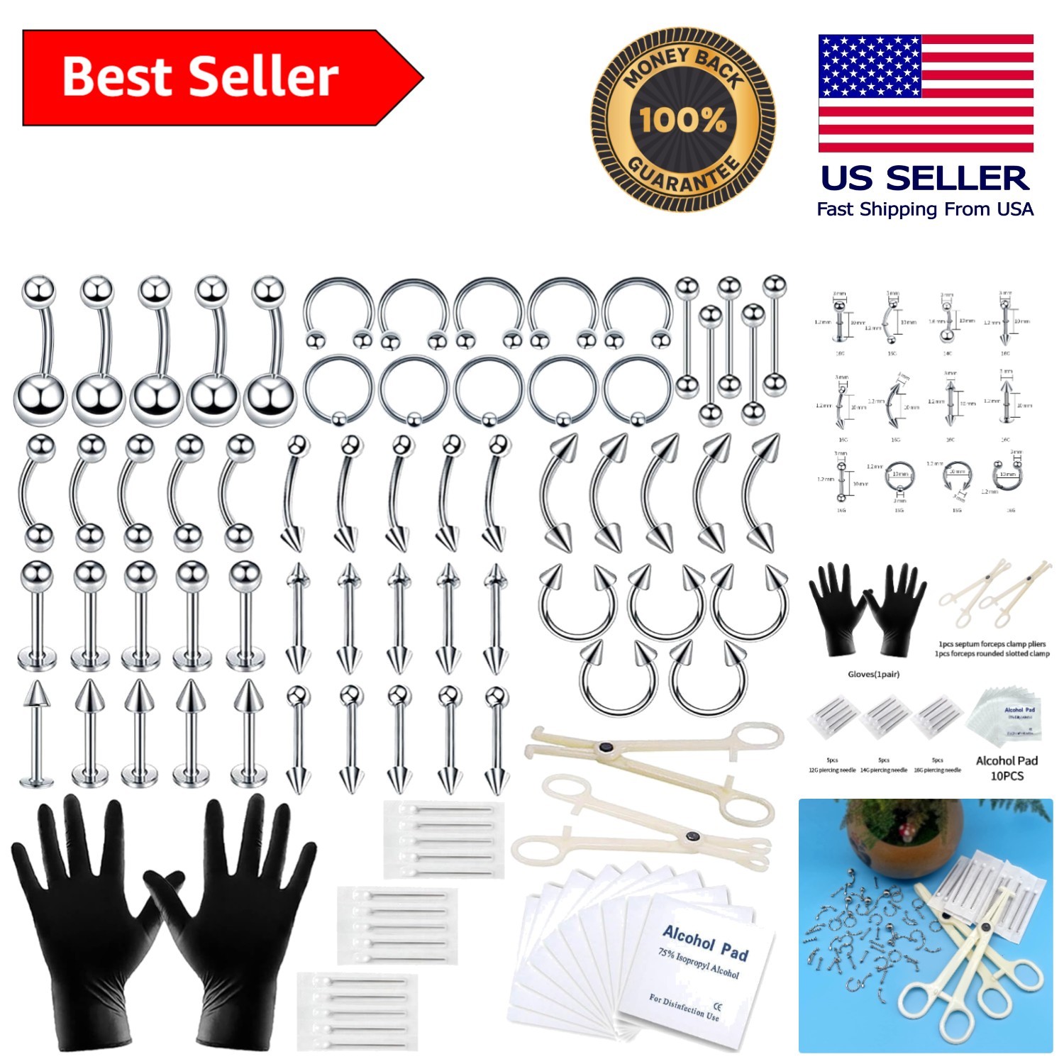 Professional 84-Piece Piercing Kit - Hypoallergenic Stainless Steel Jewelry Set