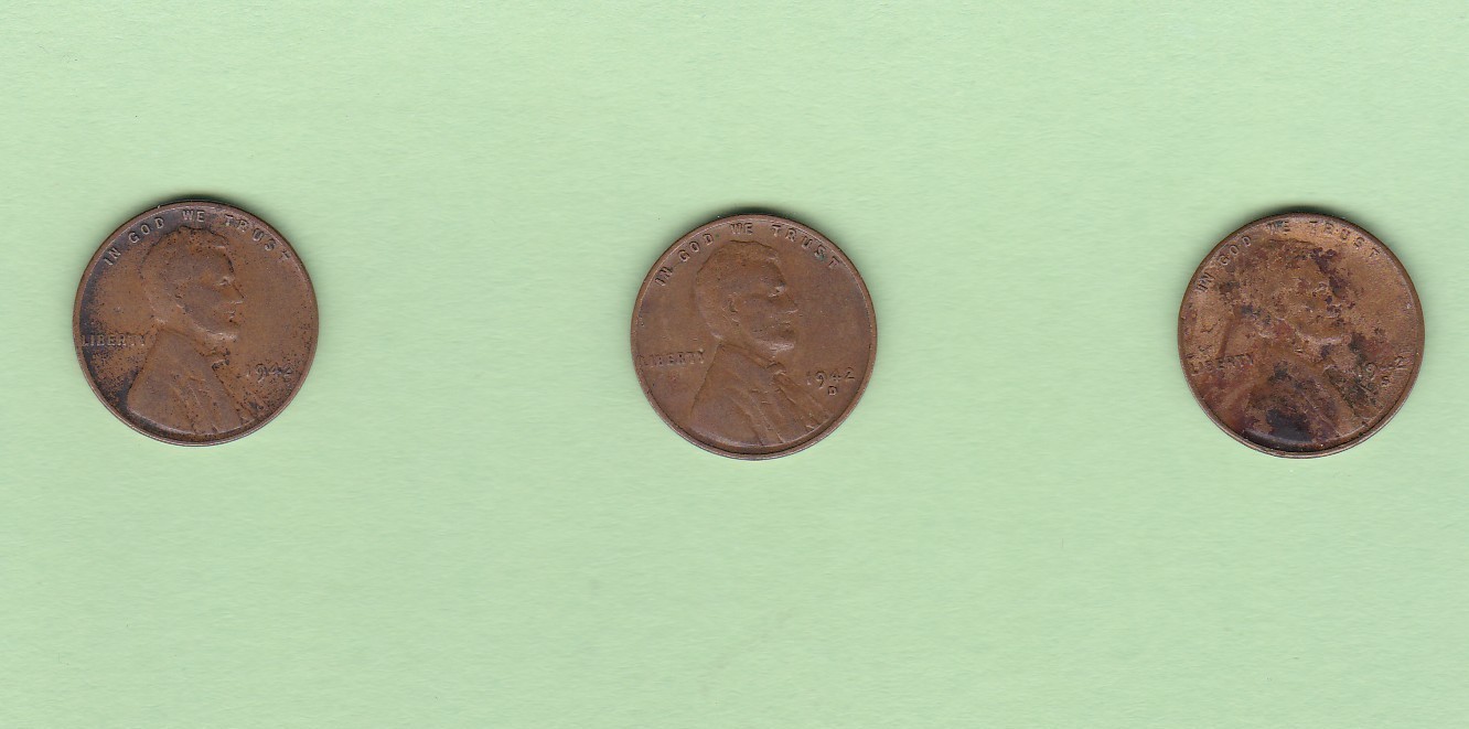 1942 P D S  P-D-S LINCOLN WHEAT PENNY 1 CENT SET 3 COINS TOGETHER .99 Shipping