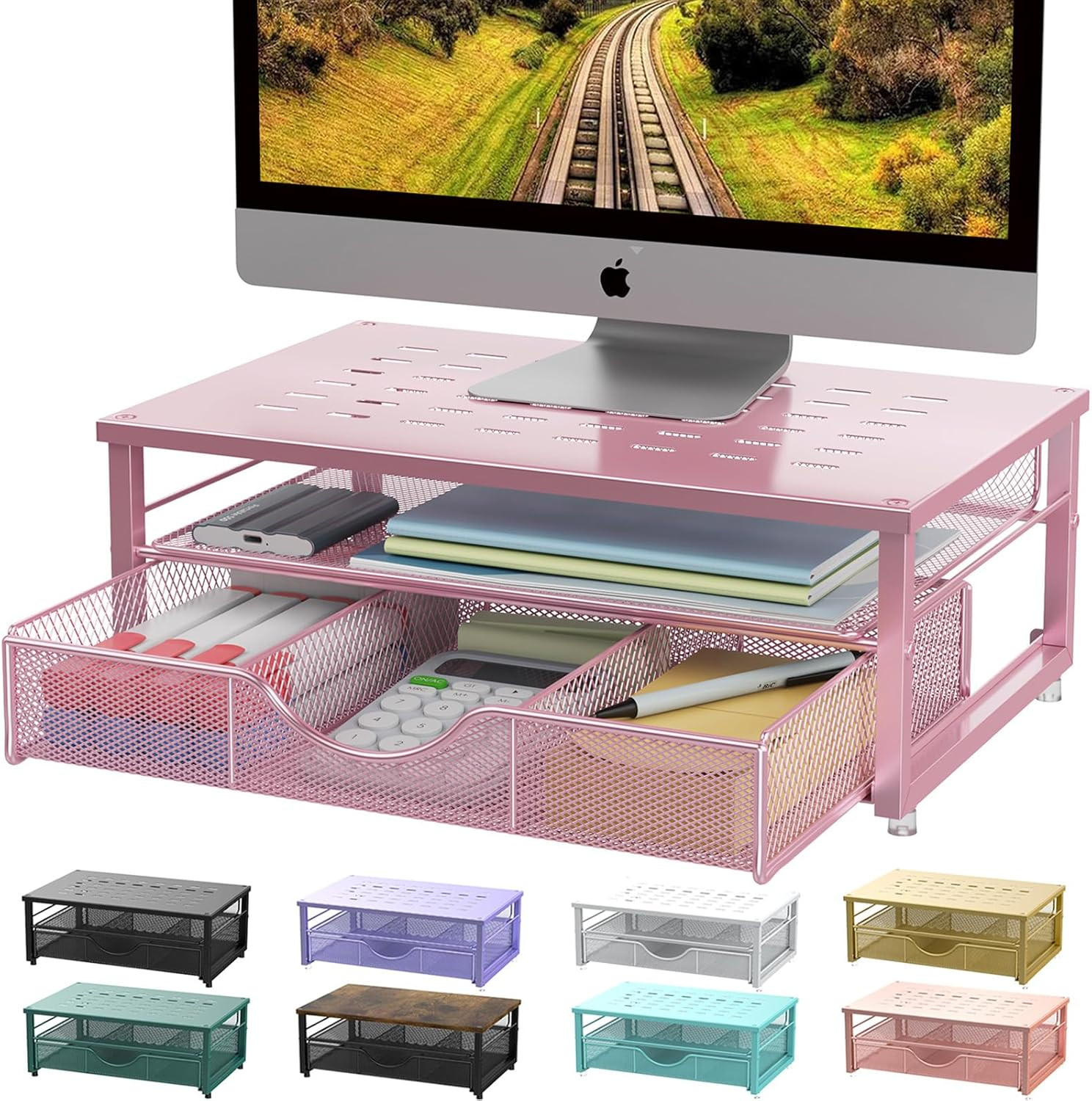 Computer Monitor Stand Riser with Drawer Office Organizer Storage Pink