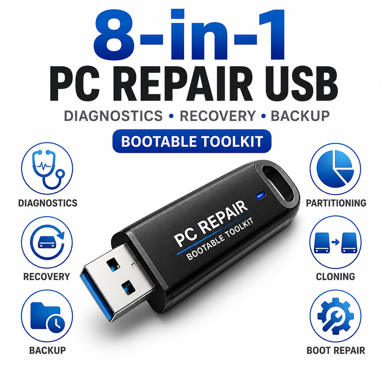 64GB 8-in-1 Bootable PC Repair USB | Diagnostics Recovery Backup Partition Tool