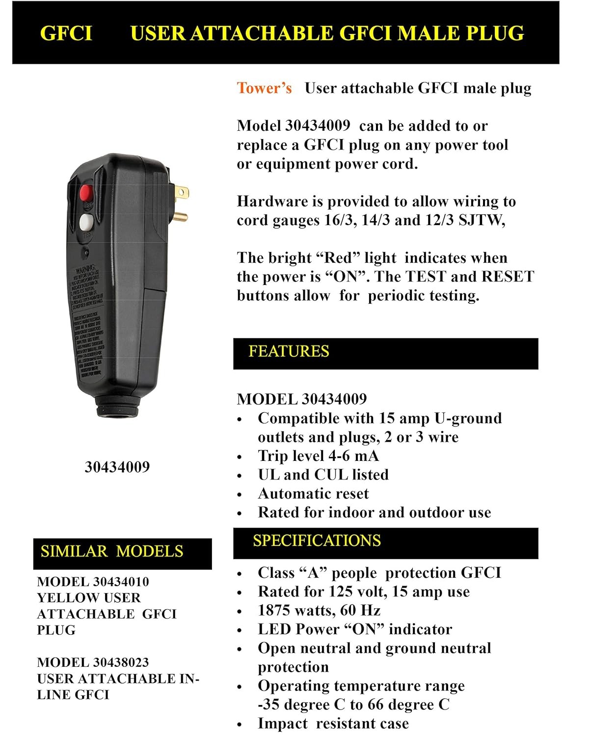 Tower Manufacturing 30434009 Auto-Reset 15 AMP Right Angle GFCI Plug Black
