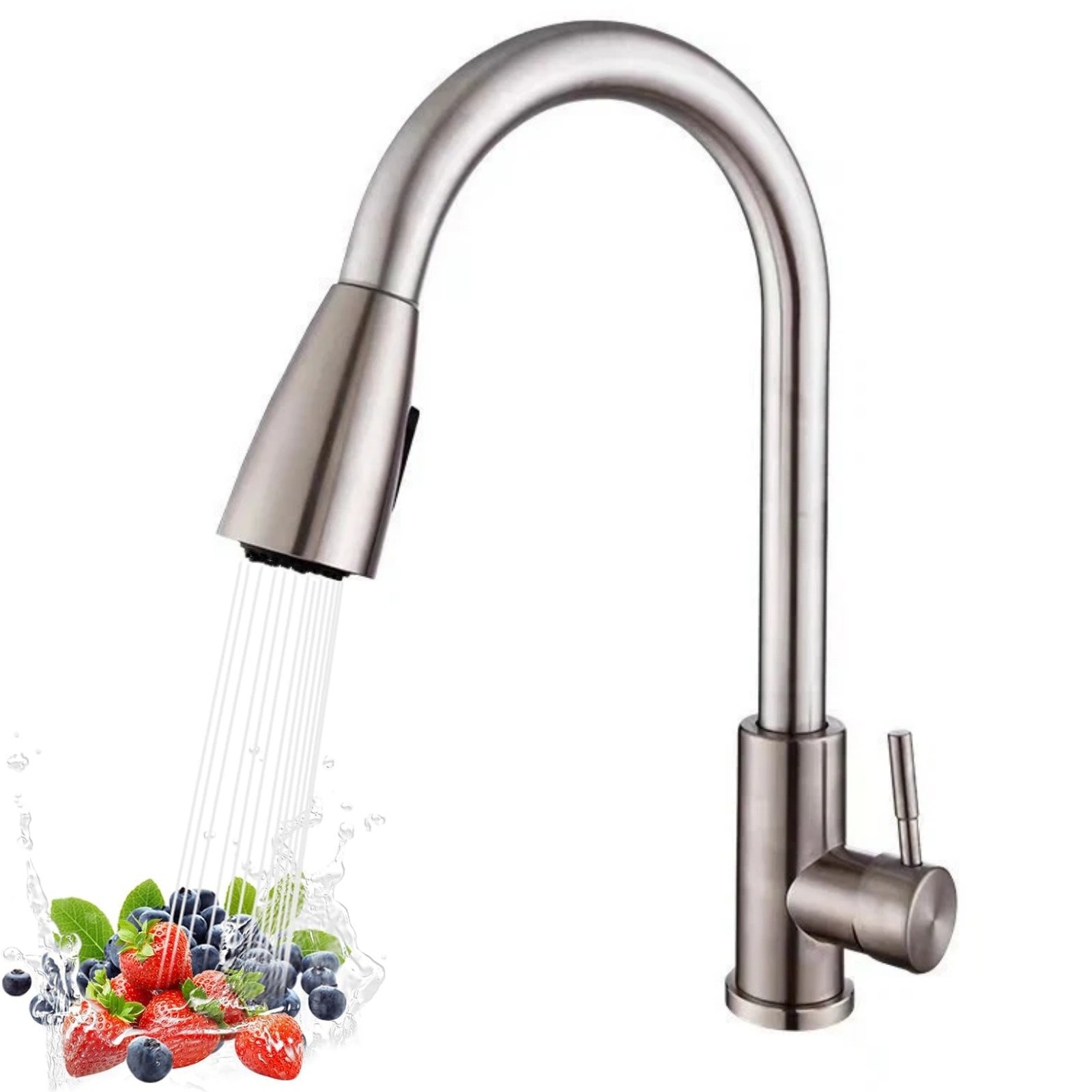Brushed Nickel Pull Out Kitchen Faucet - Single Handle High Arc with Sprayer
