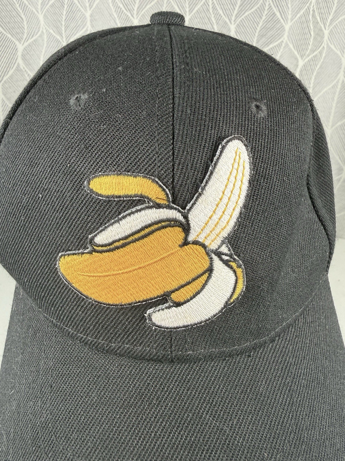 Banana Peeled Yellow White on Black Hat Cap 20% Wool Hook Loop Unbranded