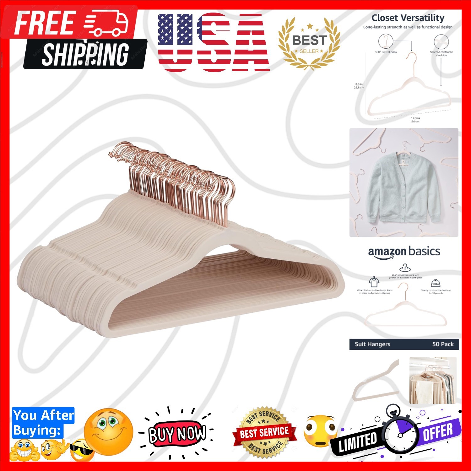 Slim Velvet, Non-Slip Suit Clothes Hangers, Pack of 50, Blush Pink/Rose Gold