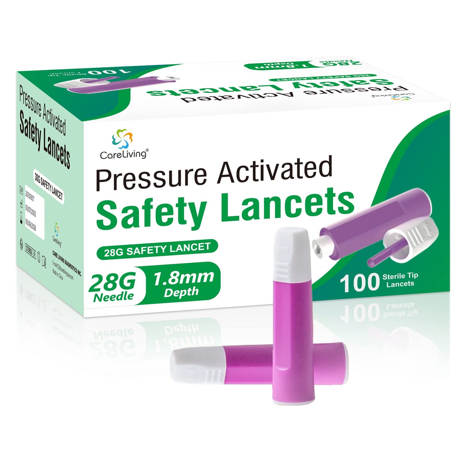 CARELIVING Safety Lancets, 100 Count Sterile, Pressure Activated Activation, 28