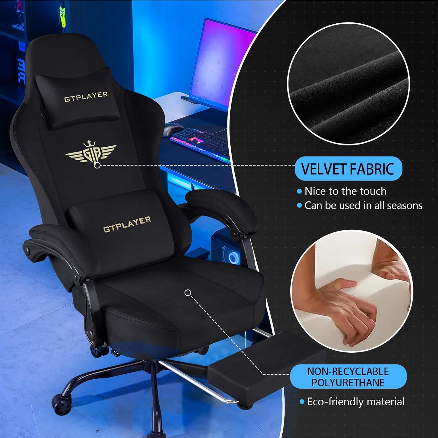 GTPLAYER Gaming Chair Fabric with Pocket Spring Cushion, Big and Tall Gamings Ch
