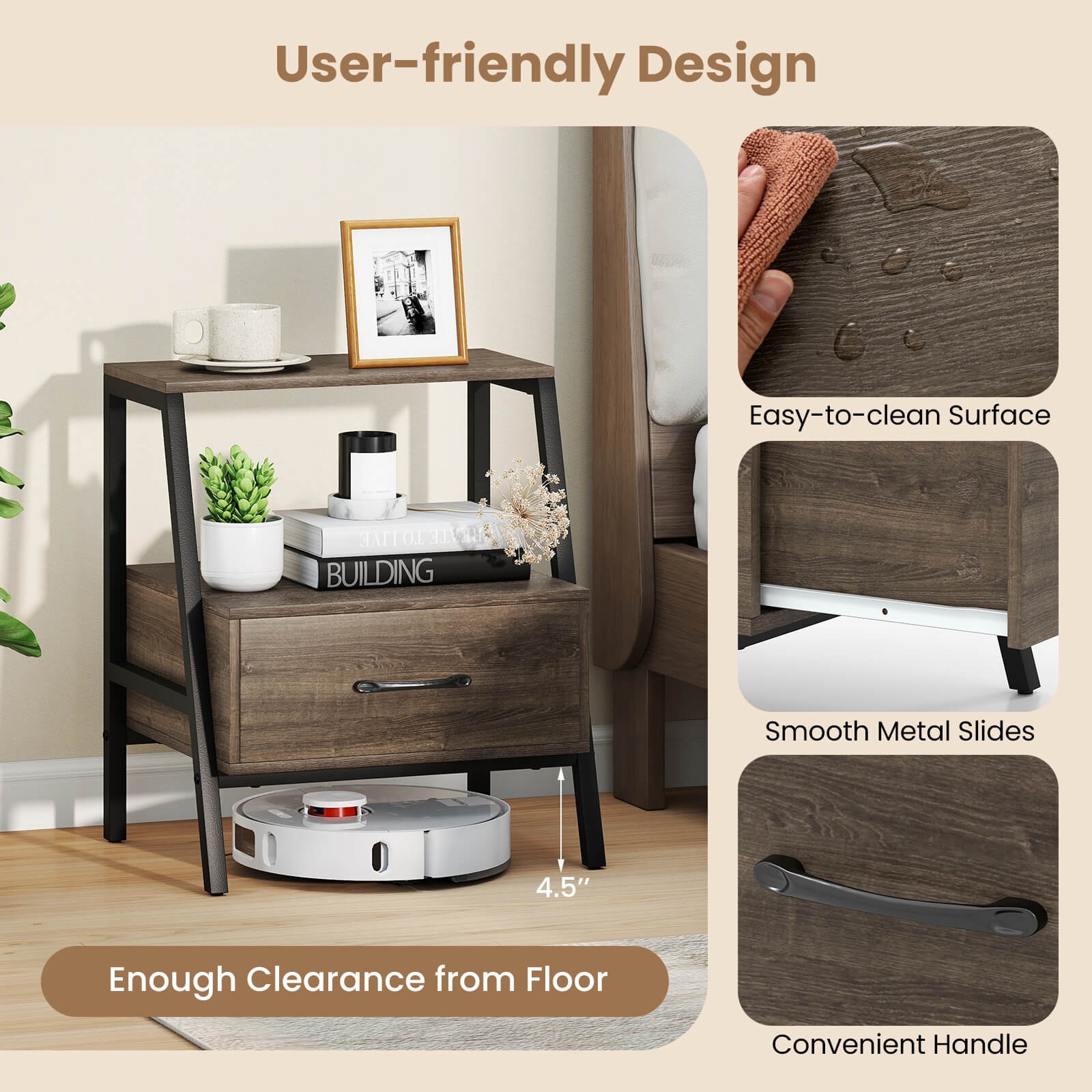 Nightstand with Drawer Farmhouse 3-Tier Bedside Table with Open Shelf End Table