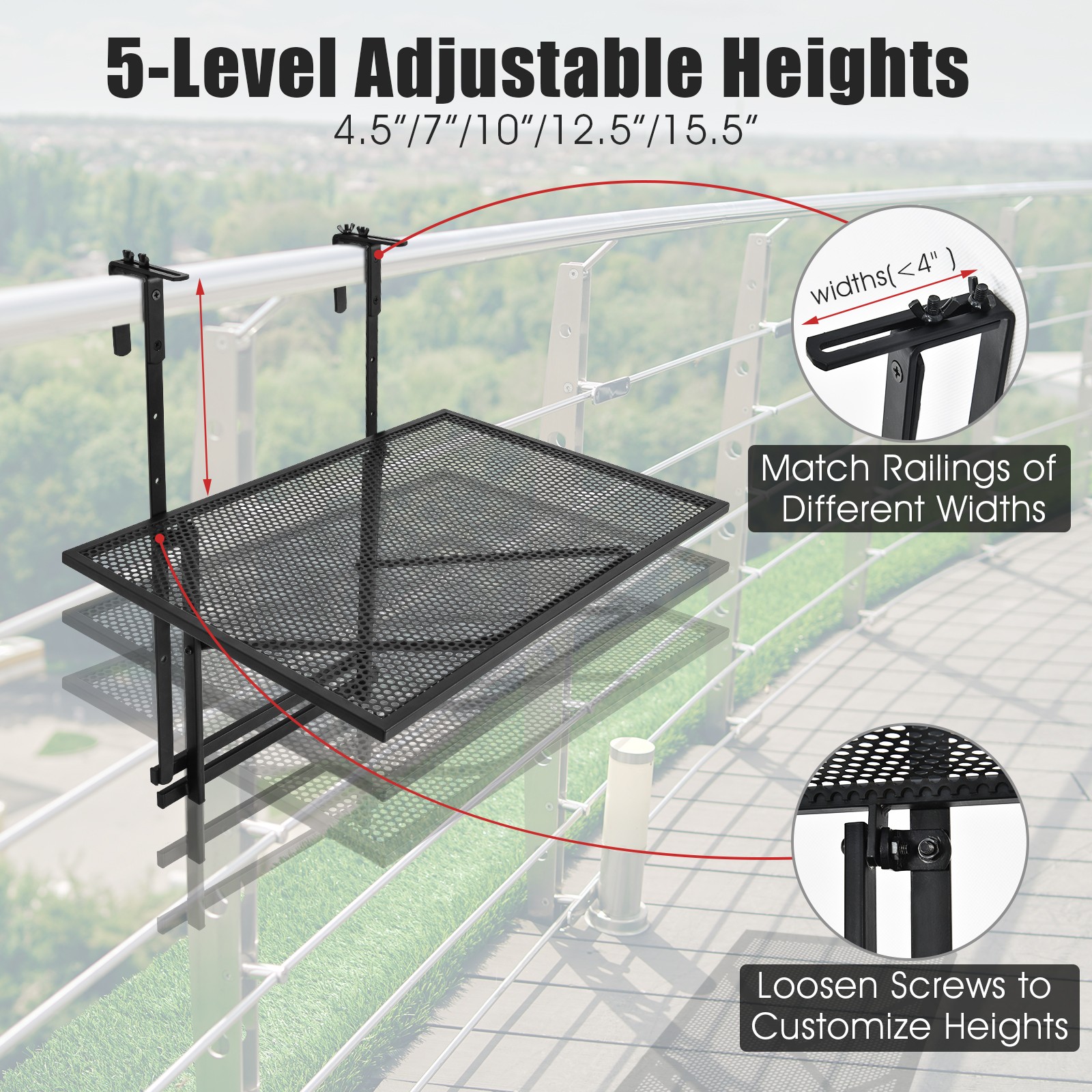 Patiojoy Folding Hanging Table Adjustable Balcony Railing Table Patio Deck Black