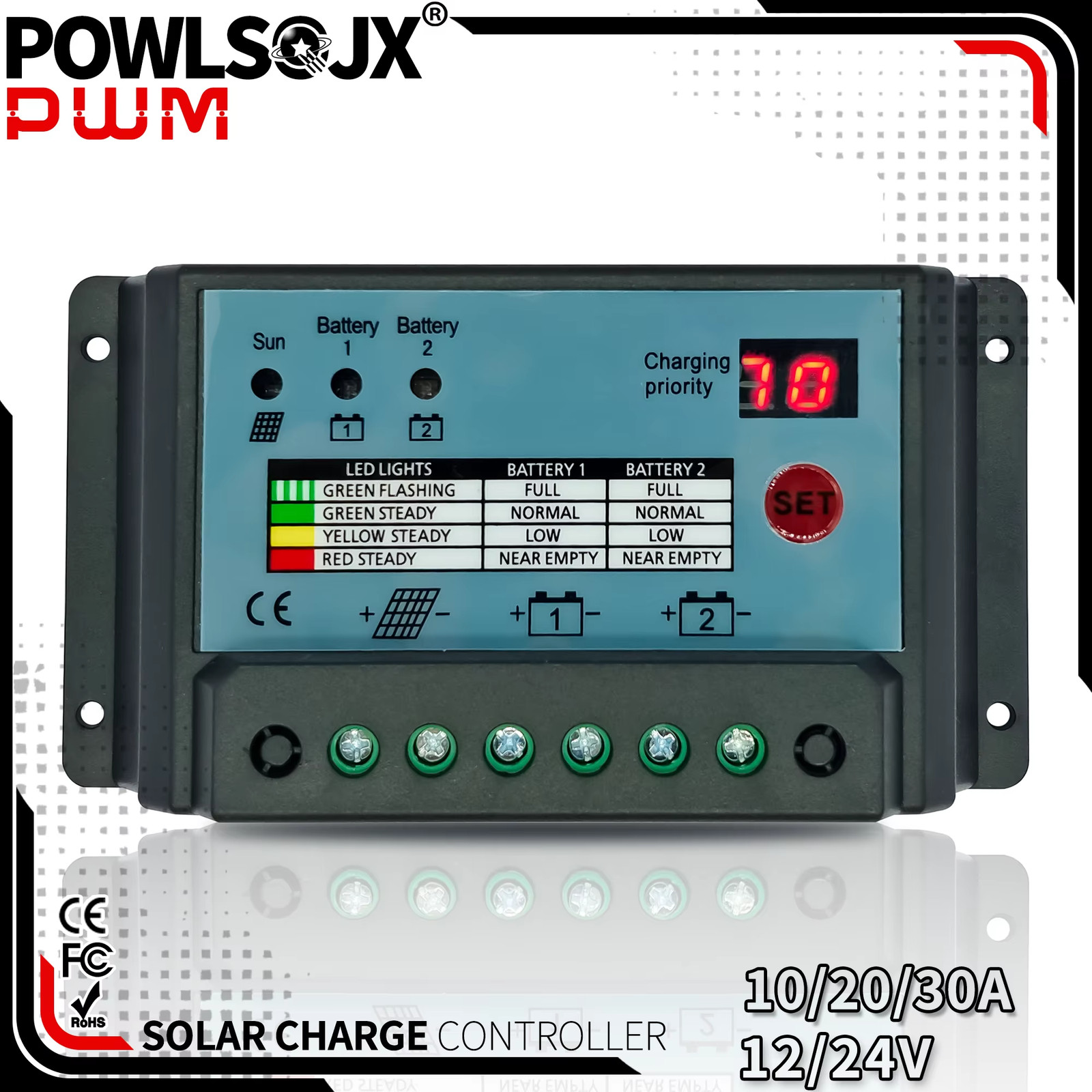 Dual-Battery Solar Controller - 10A/20A/30A PWM for 12V/24V Systems - Two Batter