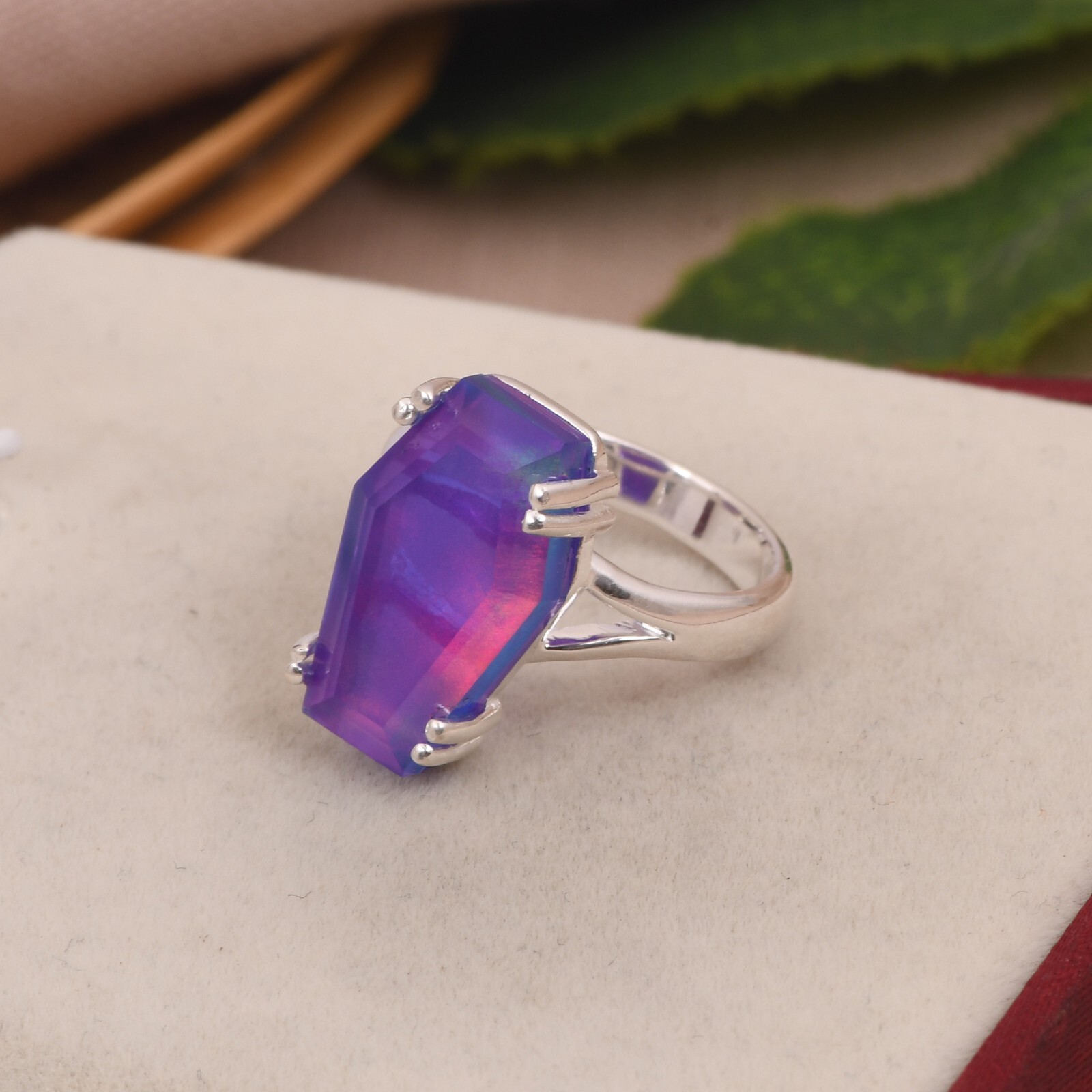 Nebula Opal Coffin Shape Engagement Ring 925 Sterling Silver Gift For Love