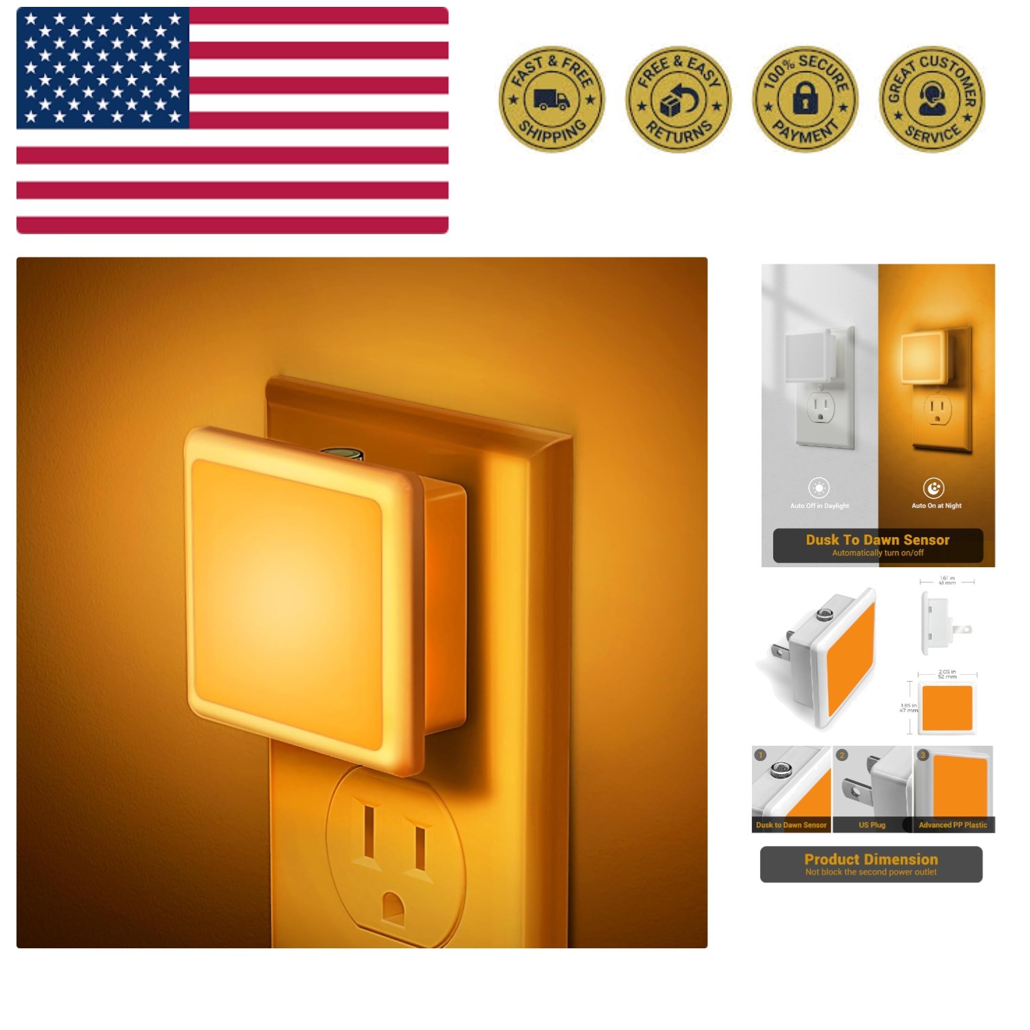Amber Night Light[2 Pack], Night Lights Plug into Wall, LED Plug in Nightligh...