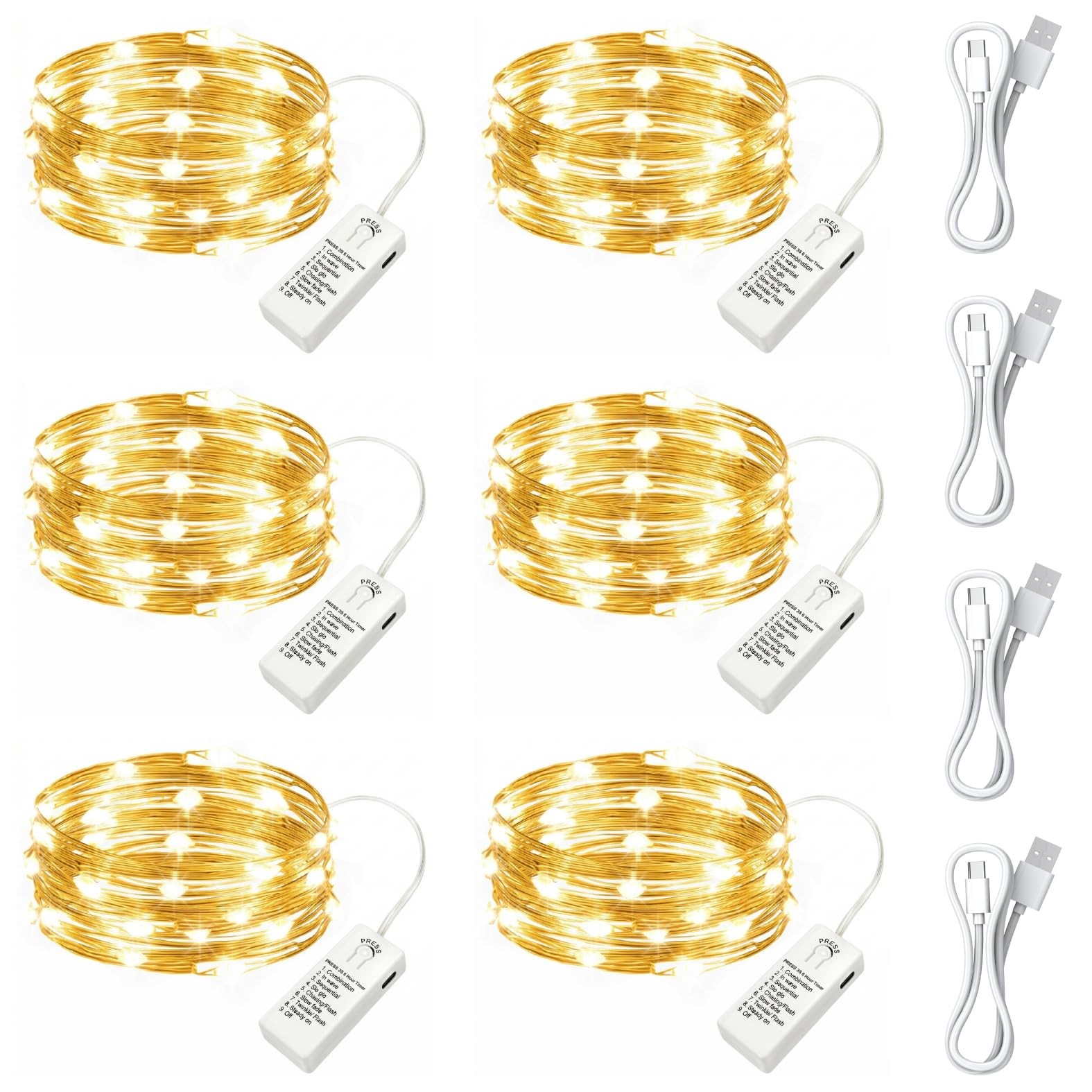 6 Pack USB Rechargeable Twinkle Fairy Lights with Timer 7ft 20 LED Waterproof