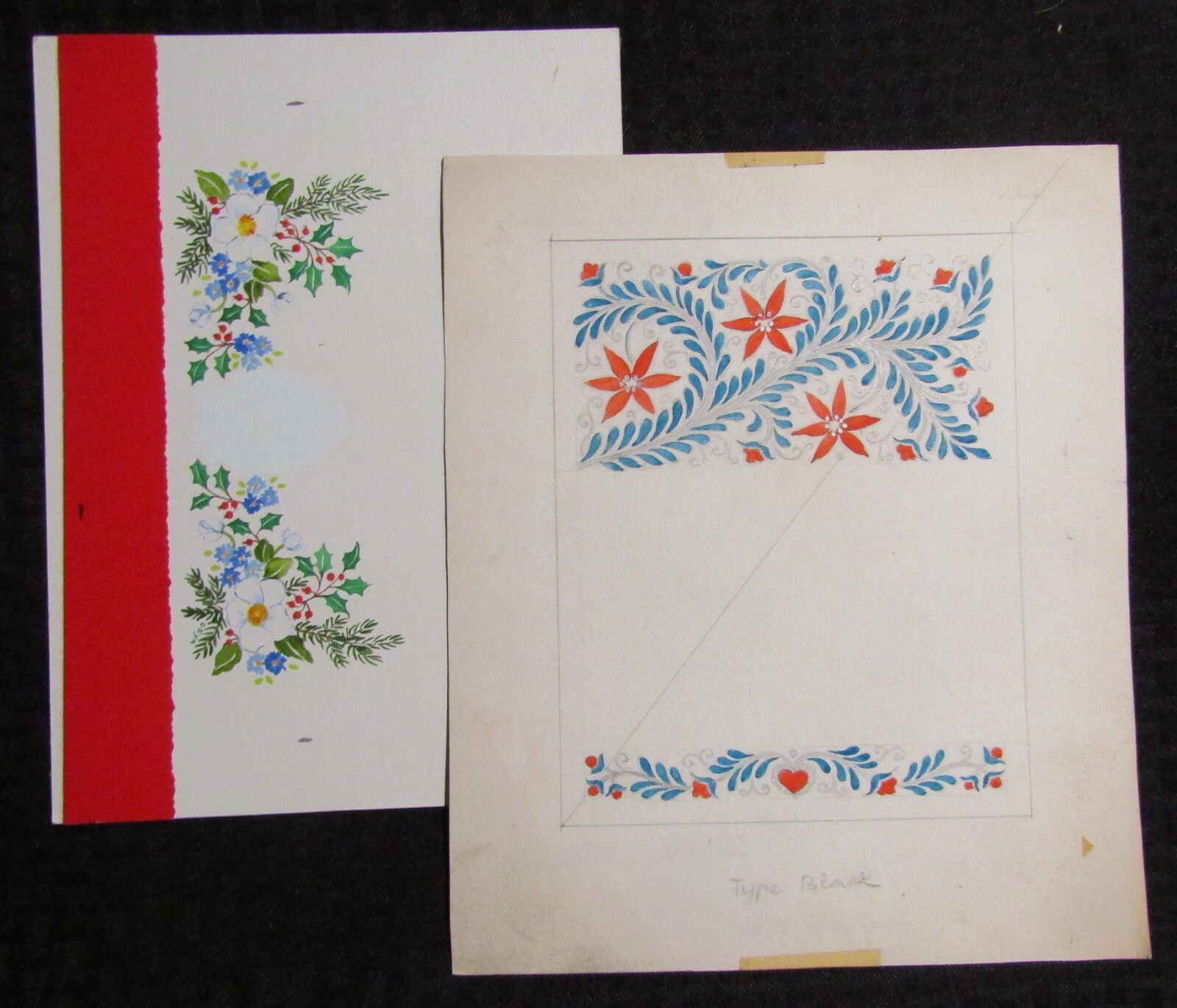 MERRY CHRISTMAS White Flowers & Poinsettias 9x10.5" Greeting Card Art LOT of 2