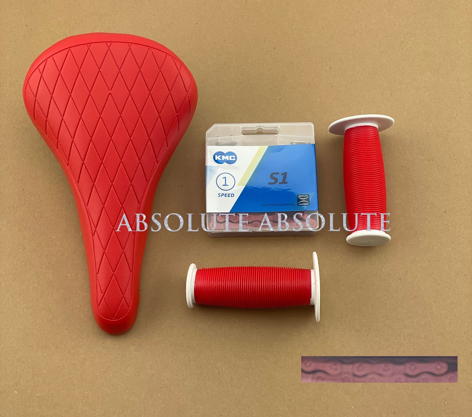 RED DIAMOND STITCHED BMX BIKE SADDLE W/ BMX KMC CHAIN &MUSHROOM STYLE GRIPS.