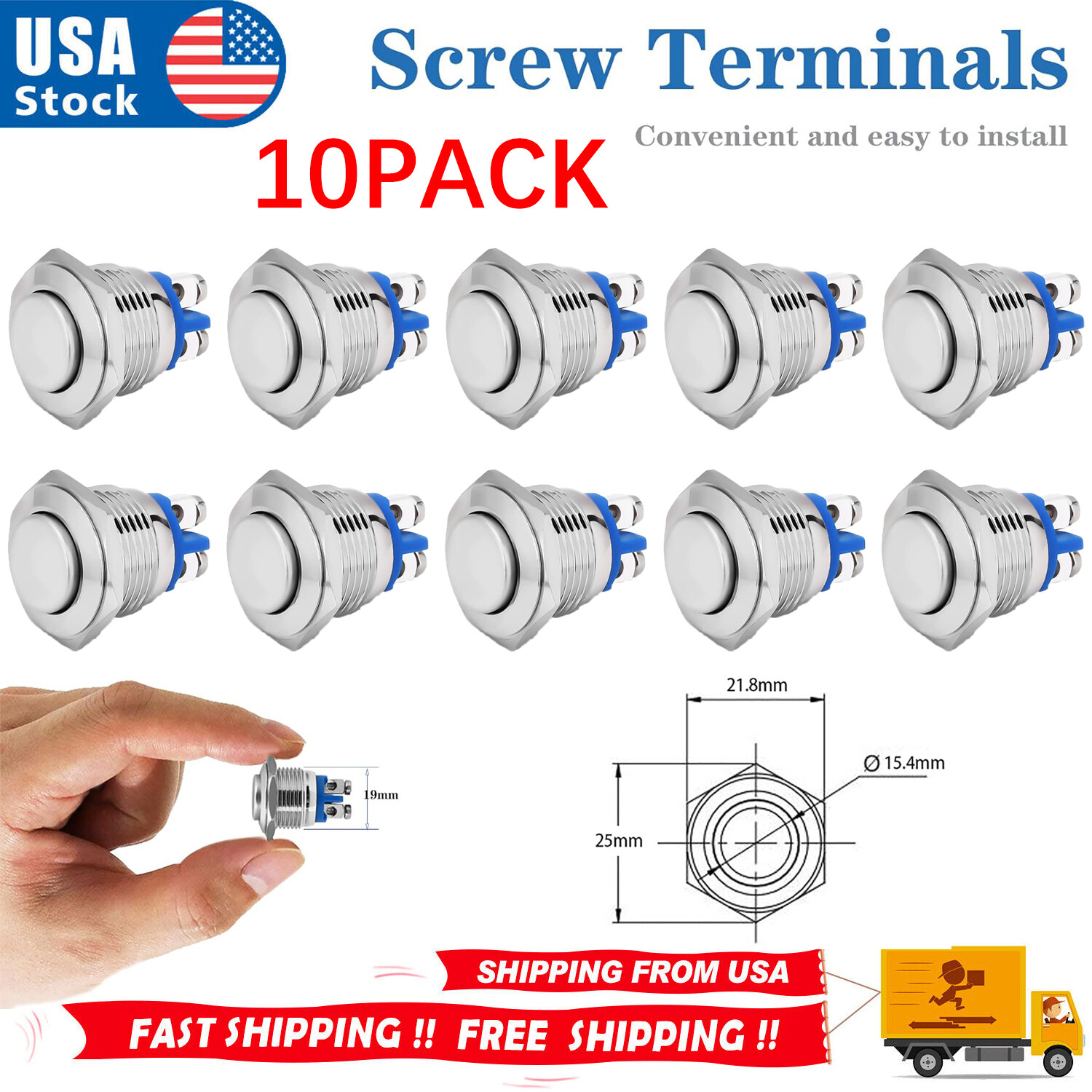 10pcs Momentary Push Button Switch 19mm Horn Button Switch with Screw Terminal