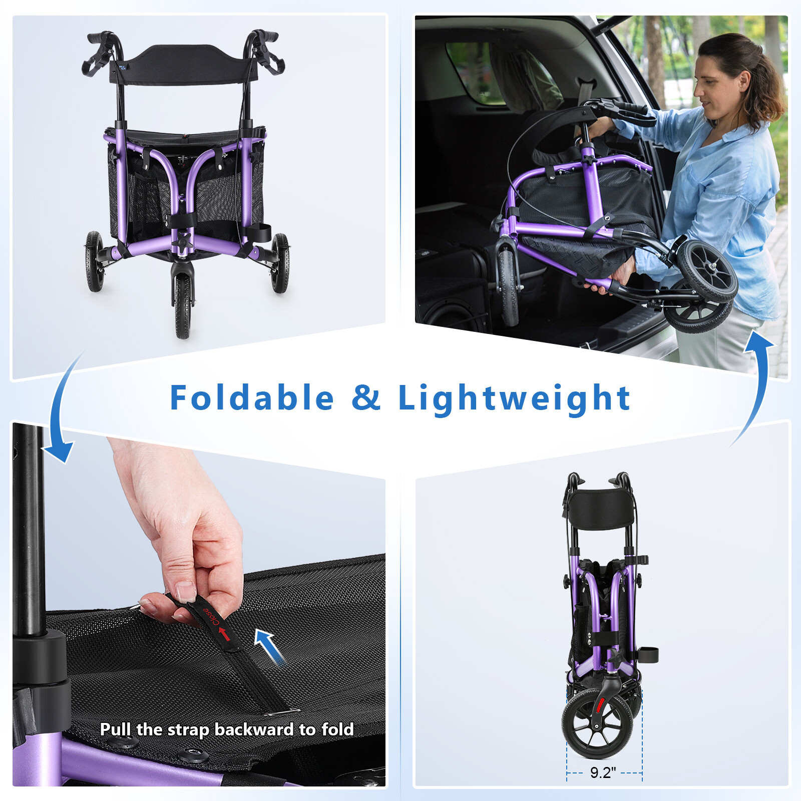 Rollator Walker Aluminum 3 Wheel with Seat Foldable Lightweight 10.7lbs Aluminum