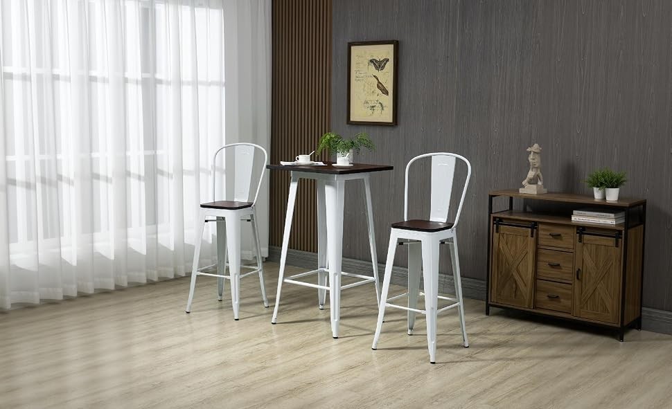 3 Piece Industrial Dining Table Set, Bar Height Bar Table and Chairs Set with