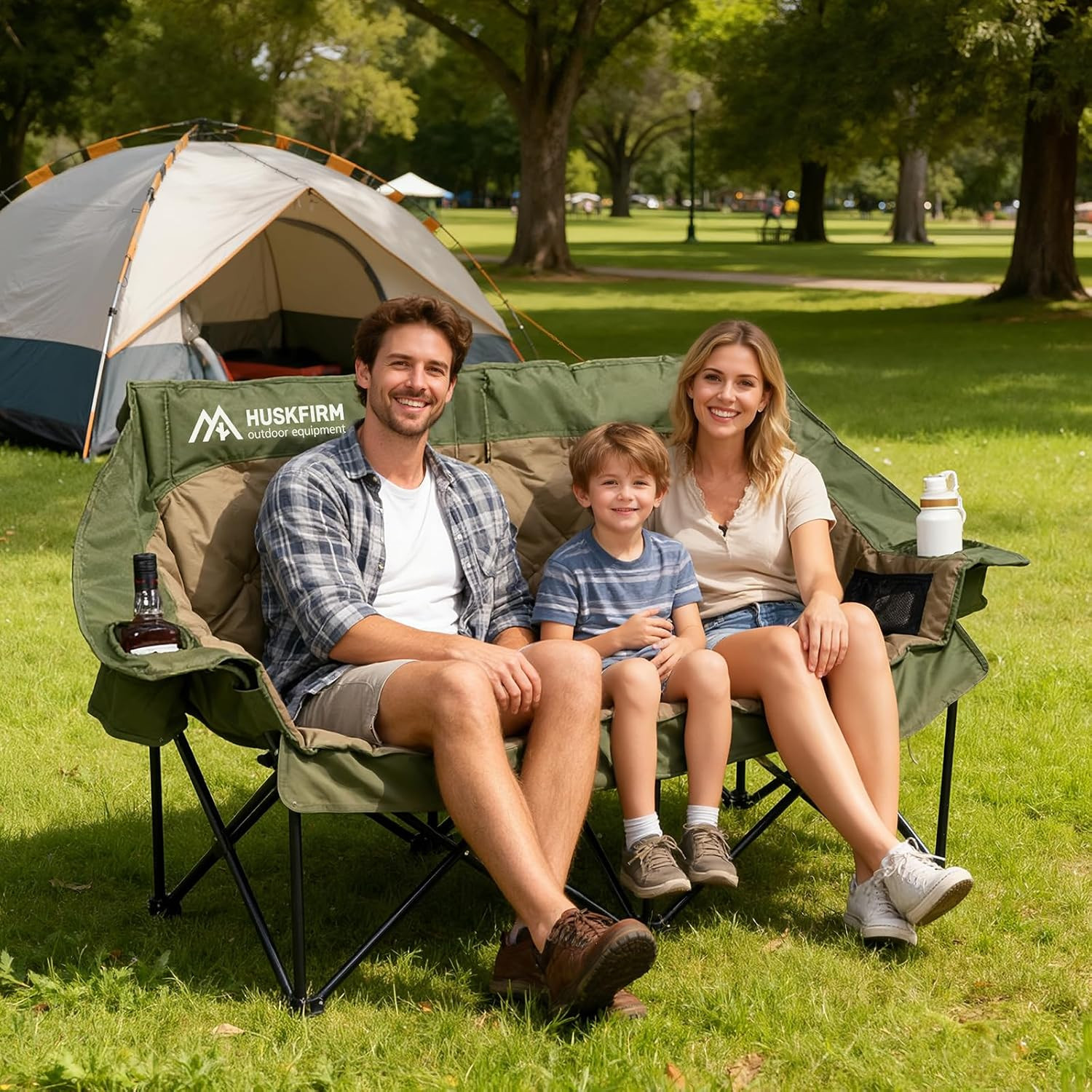 Oversized Folding Camping Loveseat Chair with Cup Holders and Pockets, Green