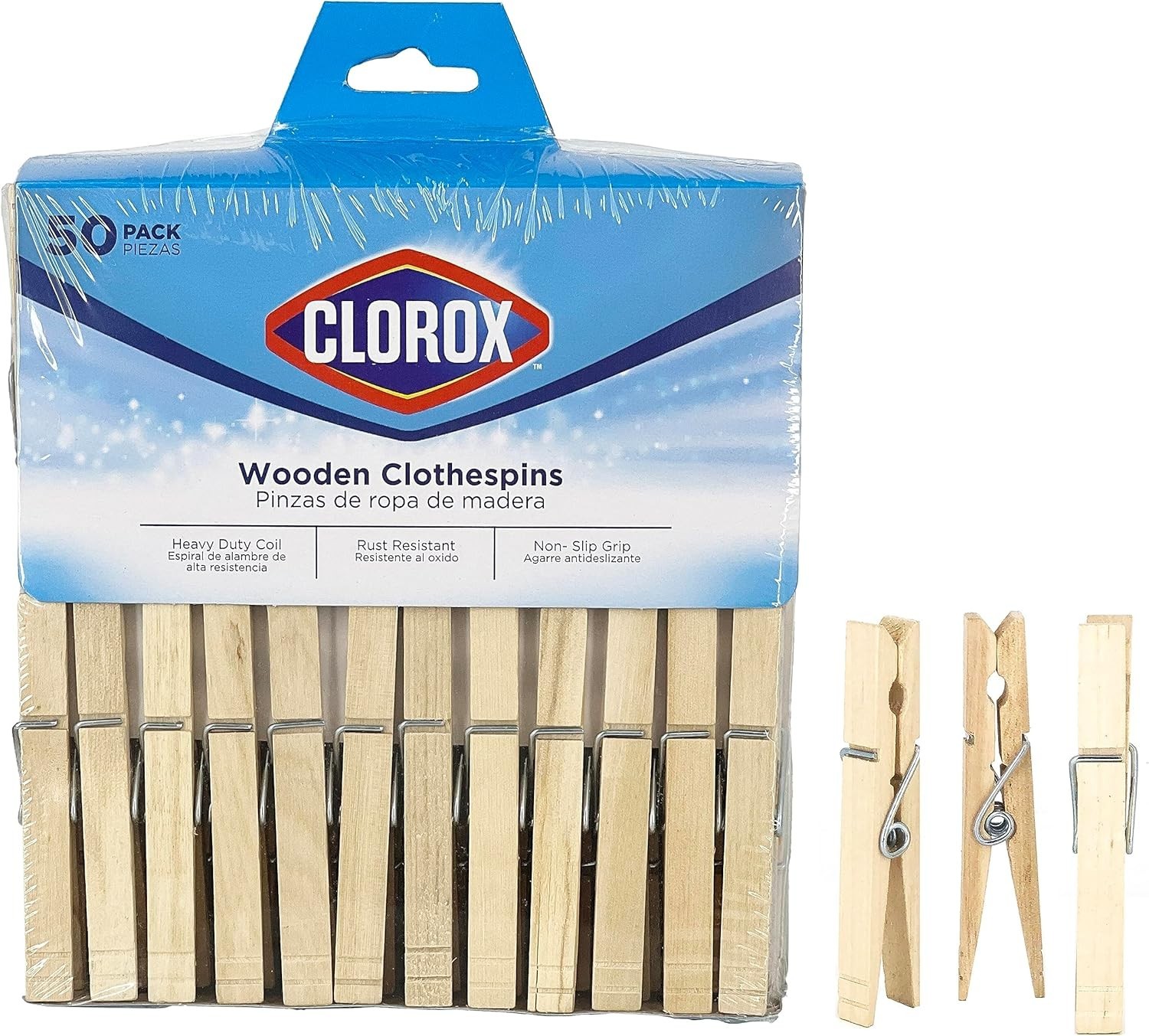 Wood Clothespins with Spring - Value Pack of 50 Clips, Rust Resistant with Heavy