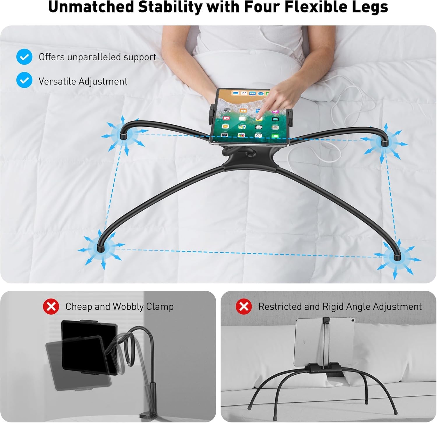 Adjustable 360° Tablet Holder for Bed, Hands-Free iPad Stand Mount