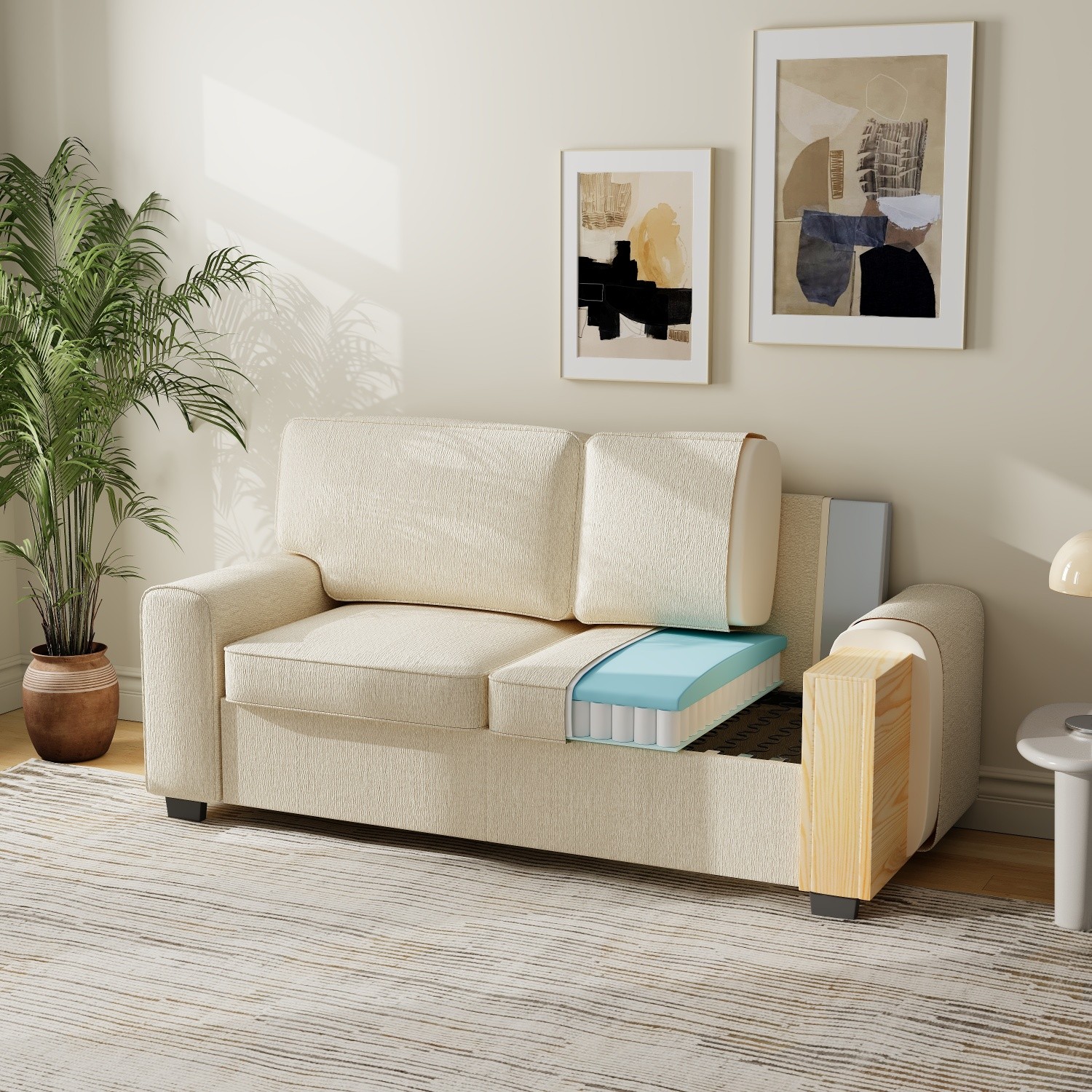 Modern Loveseat Sofa Fabric Couch w/ Sturdy Metal Frame for Apartment Beige/Gray