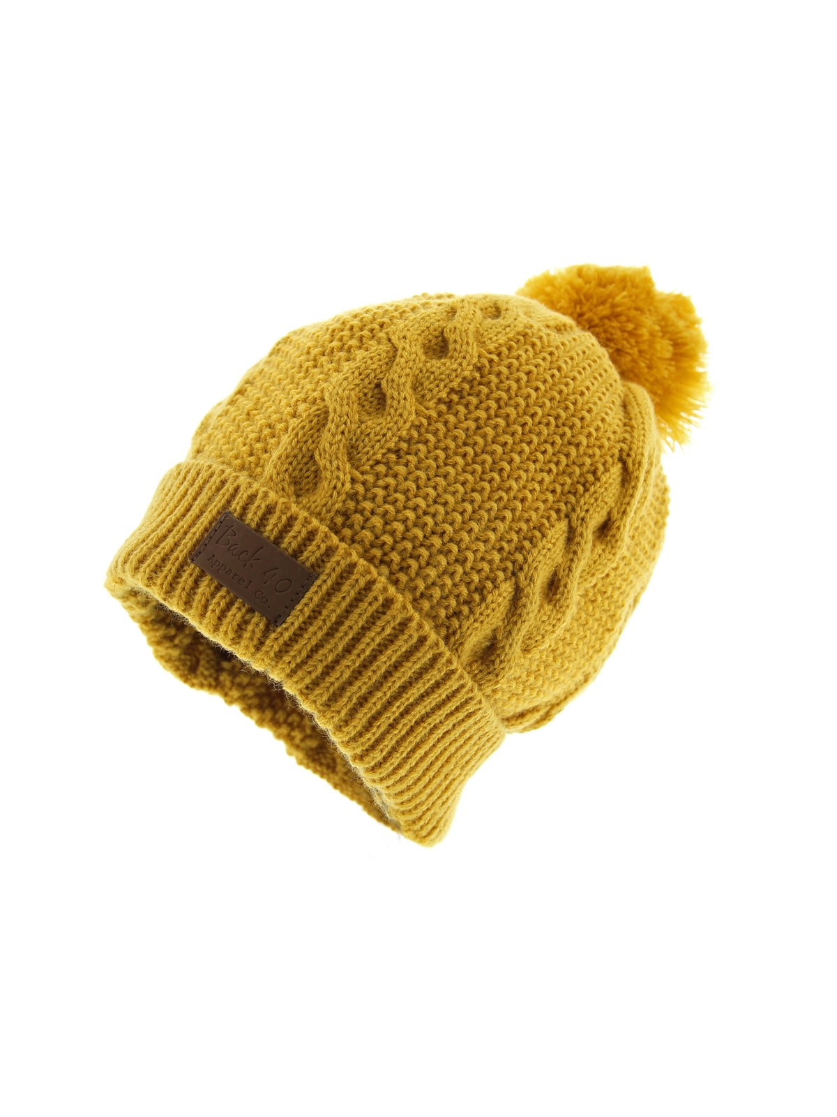 Cable Pom Pom Cuffed Beanie Unisex Yellow Thick Warm Knit Winter Hat by Back 40