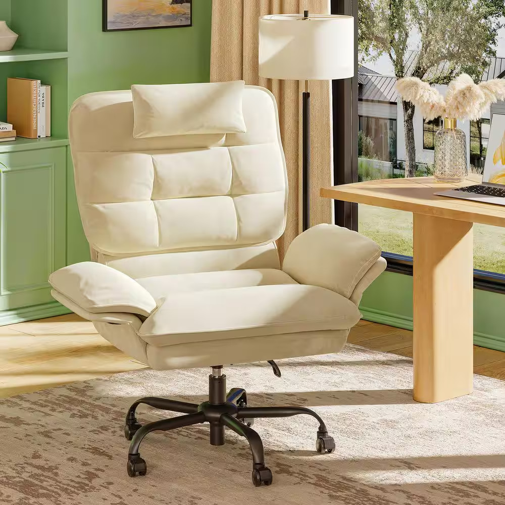 Velvet Seat High-Back Ergonomic Office Chair in Beige with Adjustable Padded Arm
