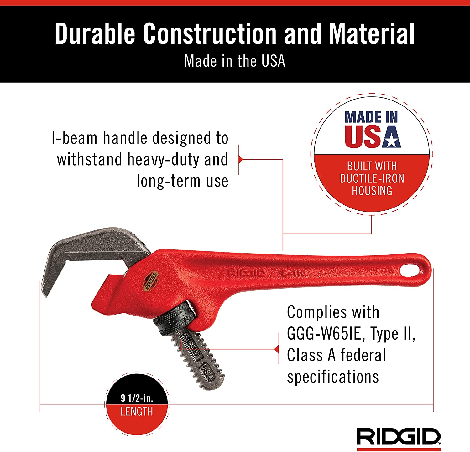 RIDGID 31305 Model E-110, 9.5" Offset Hex Jaw Pipe Wrench, Red, Made in the USA