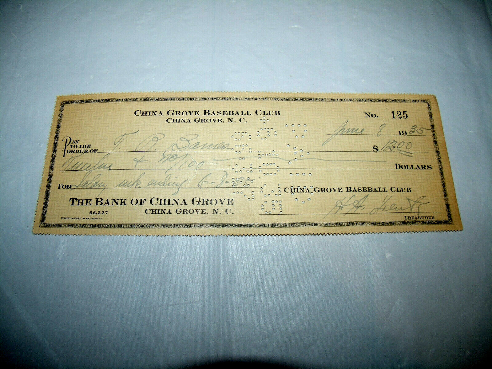 China Grove North Carolina 1935 MiLB Minor League Baseball Signed Payroll Check