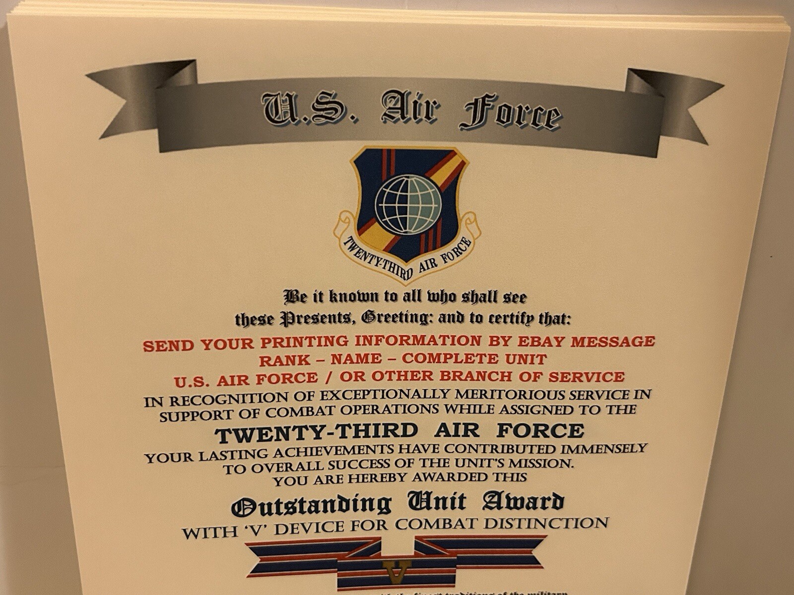 U.S. AIR FORCE / 23RD AIR FORCE - OUTSTANDING UNIT AWARD W/V DEVICE CERTIFICATE