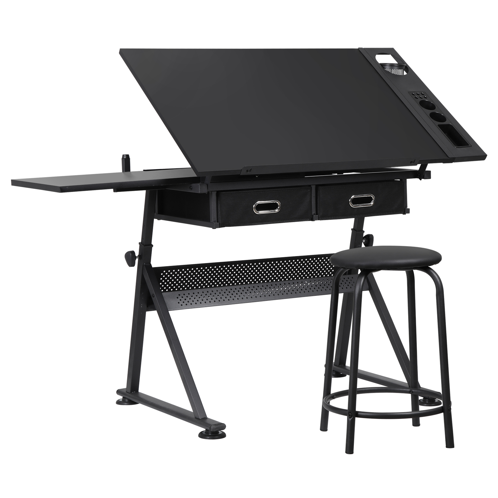 Drafting Table Adjustable Drawing Artist Desk Tilted Tabletop w/2 Drawers Stool
