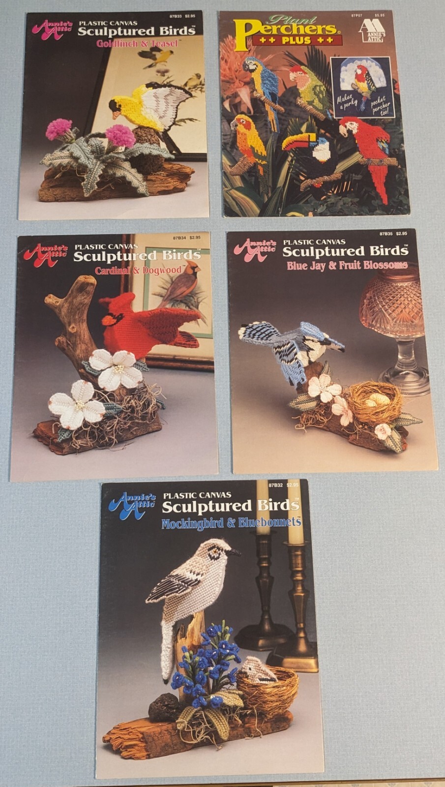 Lot of 5 Annie's Attic Sculptured Birds & Parrots Plastic Canvas Booklets HTF!