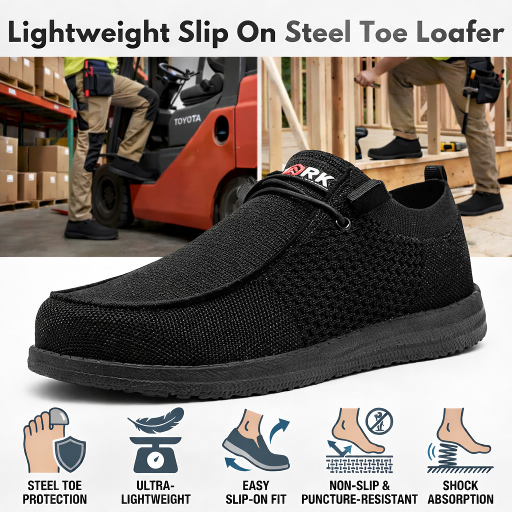 LARNMERN Mens Steel Toe Safety Shoes Slip On Lightweight Work Loafers Sneakers