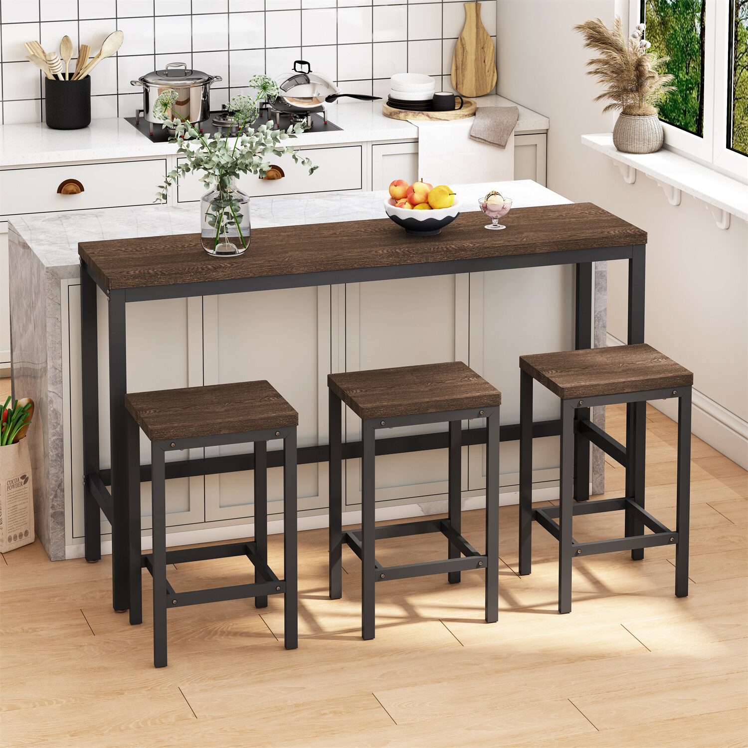 4 Piece Dining Table Set Table with 3 Stools Kitchen Breakfast Furniture US