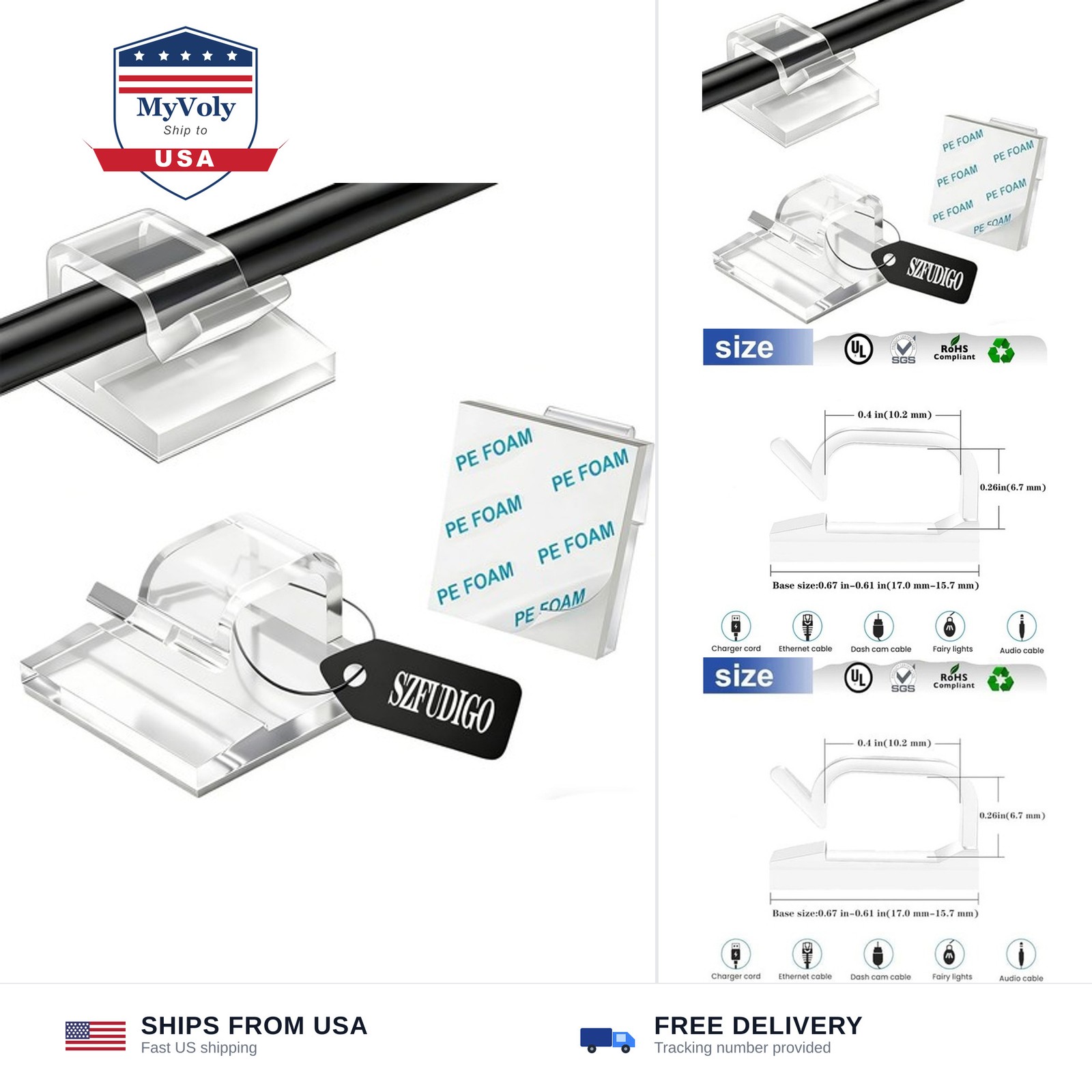 Cable Clips，100PCS Electrical Cord Management Adhesive Cable Wire Clip Wire C...