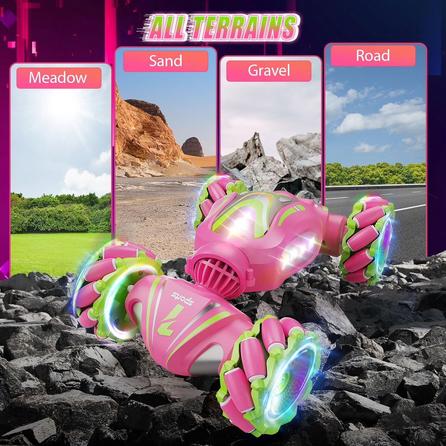 Remote Control Car, Pink RC Cars for Girls, Gesture Stunt with Light & Music, 4W
