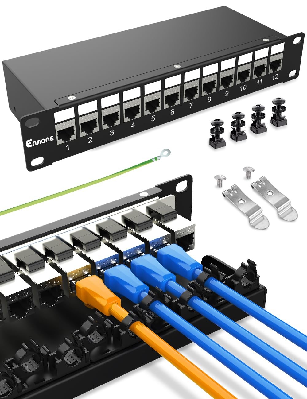 12 Port Keystone Patch Panel CAT6a Rackmount Wall Mount 1U 10 Inch Network